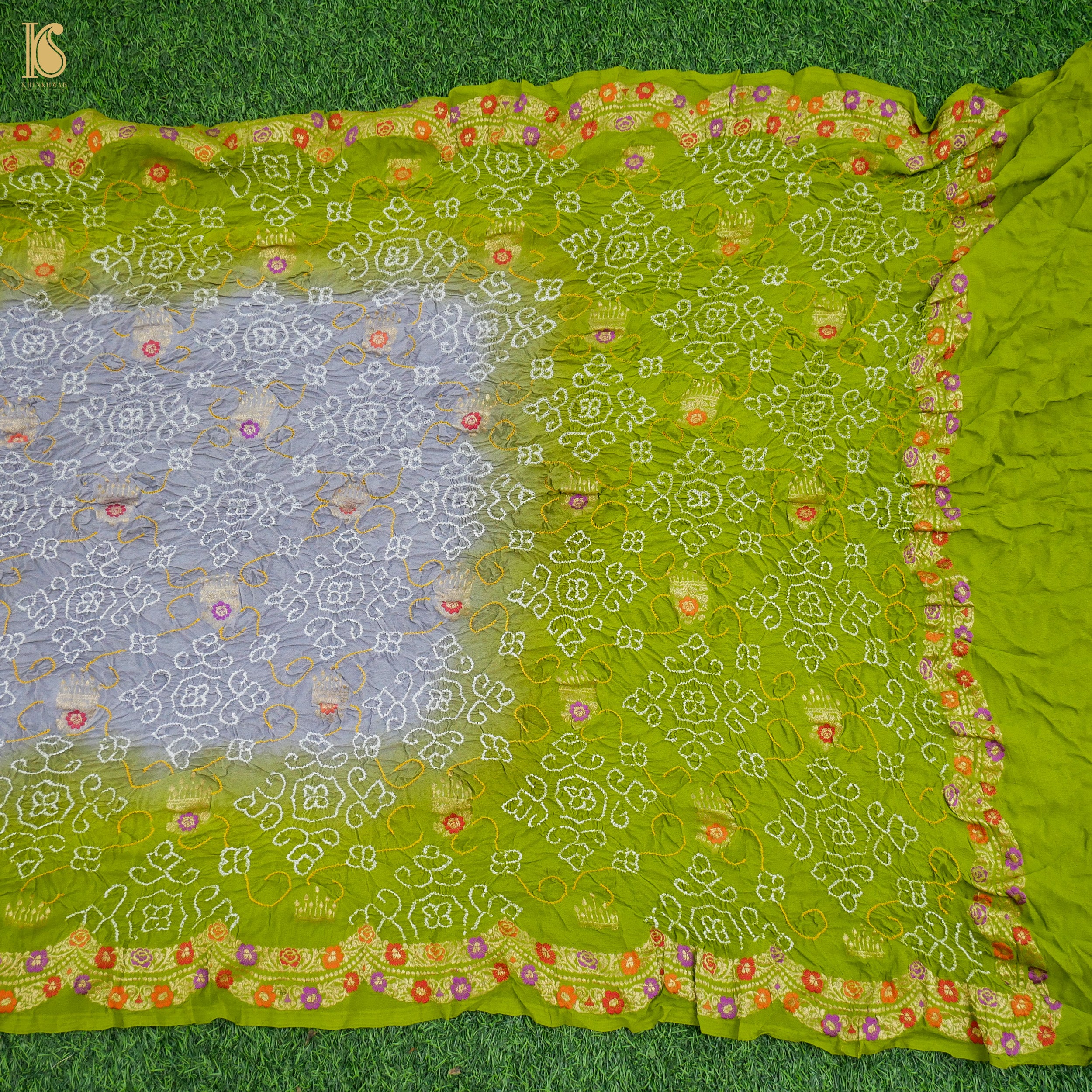 Green & Grey Pure Georgette Handloom Bandhani Banarasi Dupatta - Khinkhwab