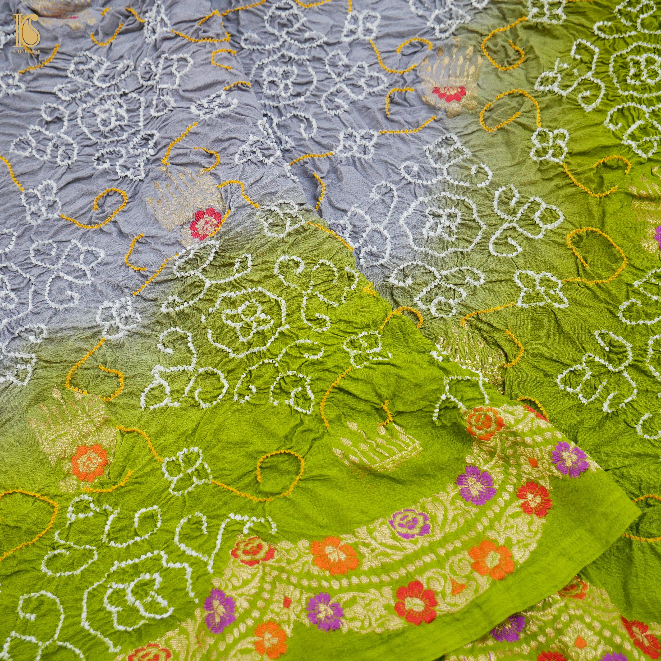 Green & Grey Pure Georgette Handloom Bandhani Banarasi Dupatta - Khinkhwab