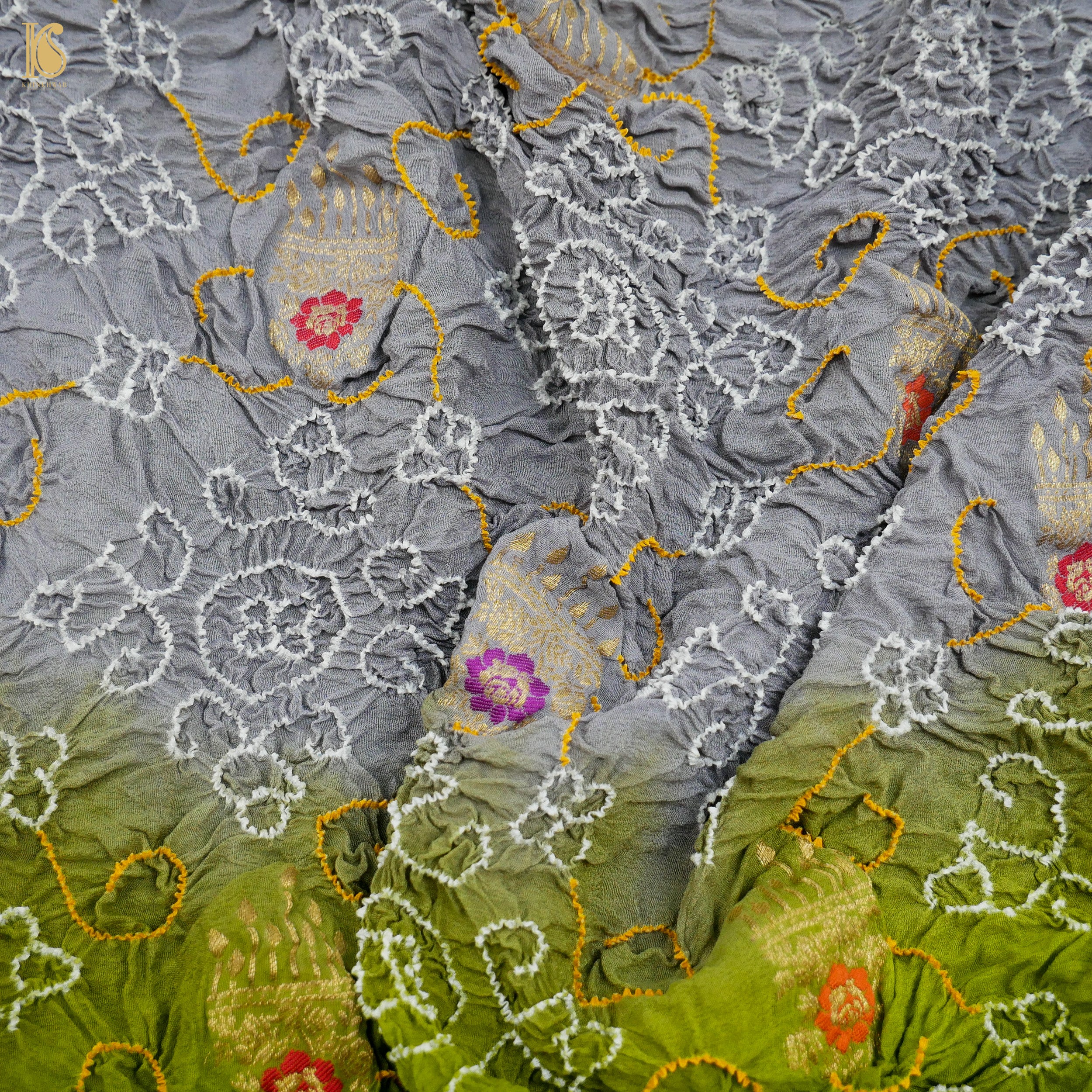 Green & Grey Pure Georgette Handloom Bandhani Banarasi Dupatta - Khinkhwab