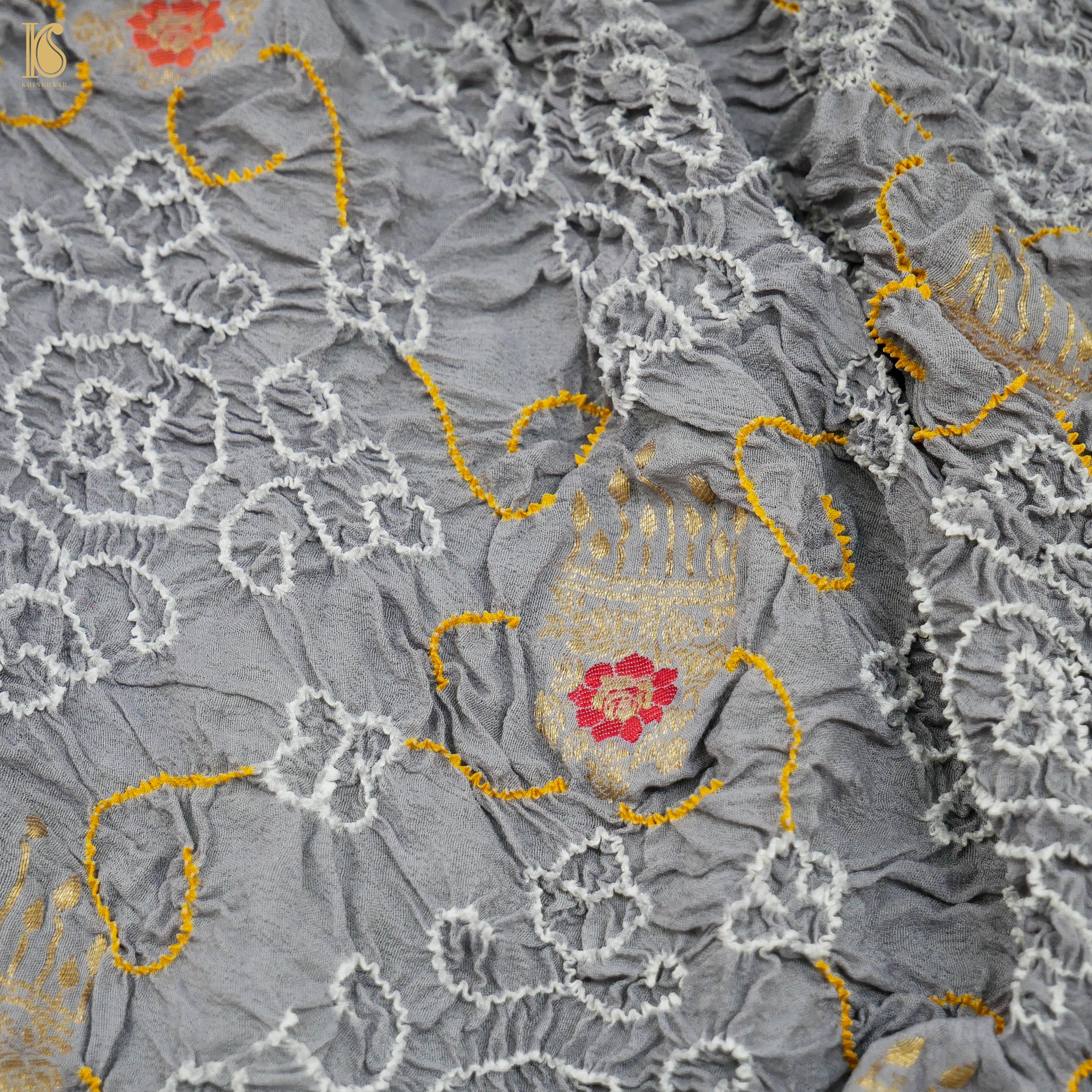 Green & Grey Pure Georgette Handloom Bandhani Banarasi Dupatta - Khinkhwab