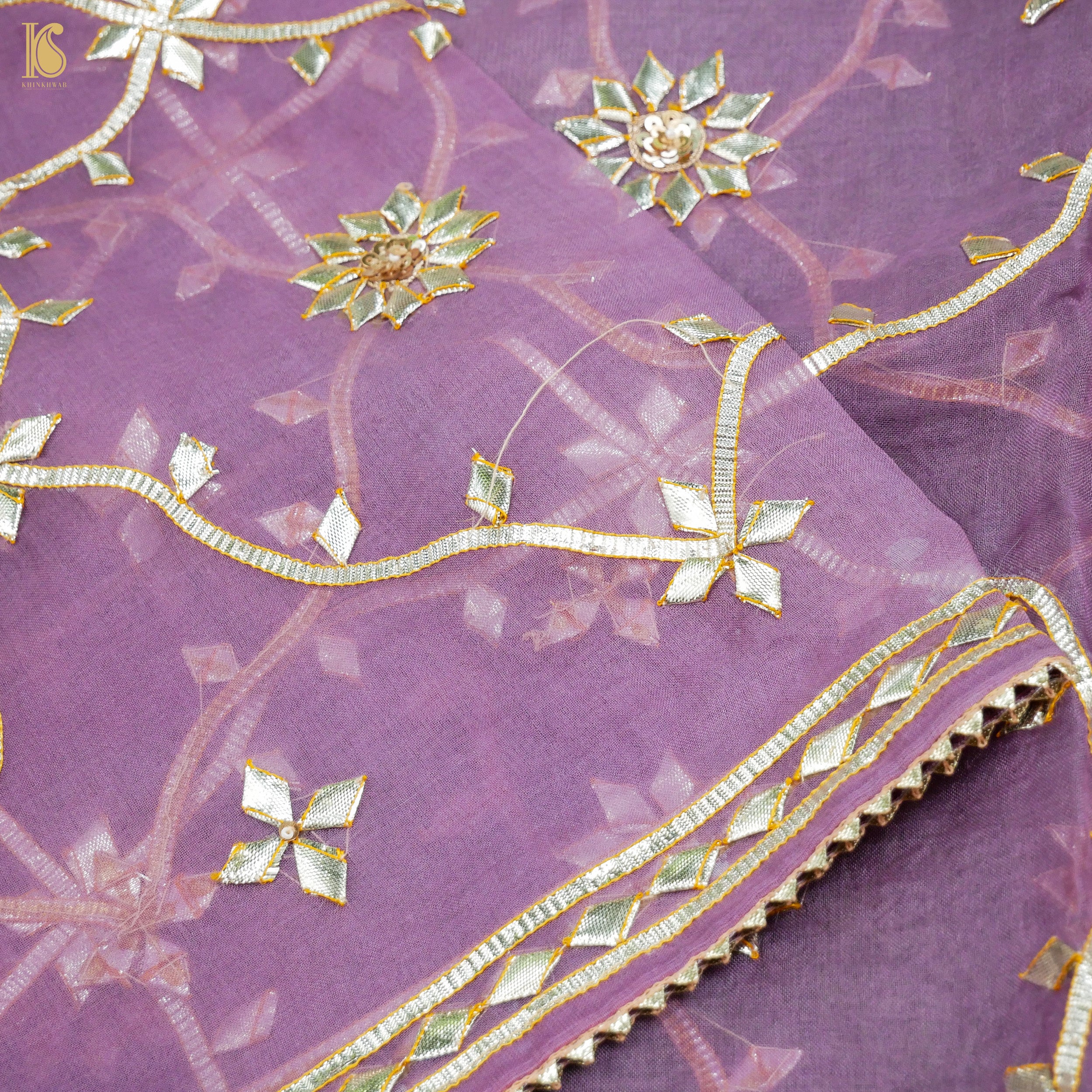 Ce Soir Purple Pure Organza Silk Dupatta with Kachhi Patti Embroidery - Khinkhwab
