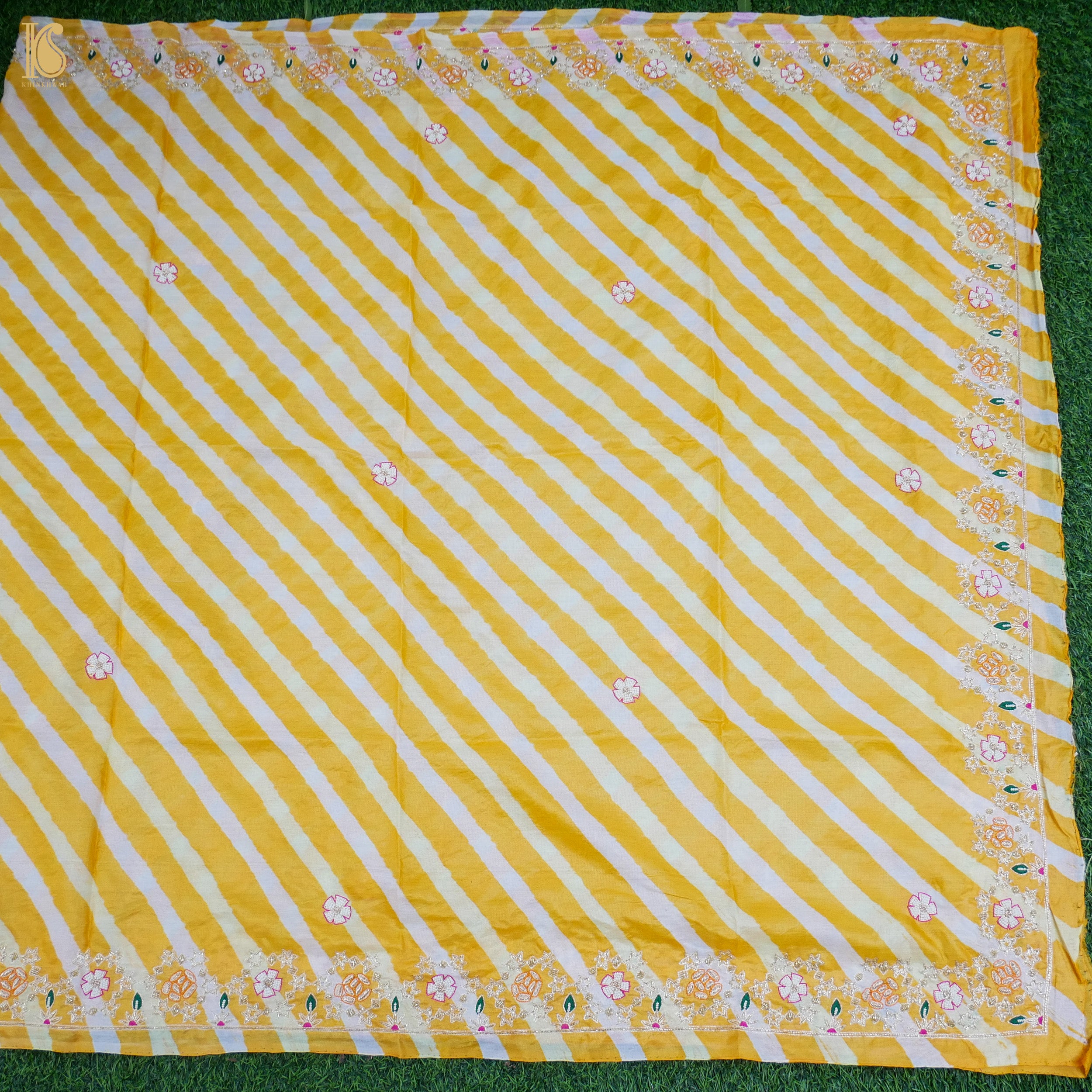 Yellow Leheriya Pure Tussar Silk Pearl & Zardozi Embroidery Dupatta - Khinkhwab