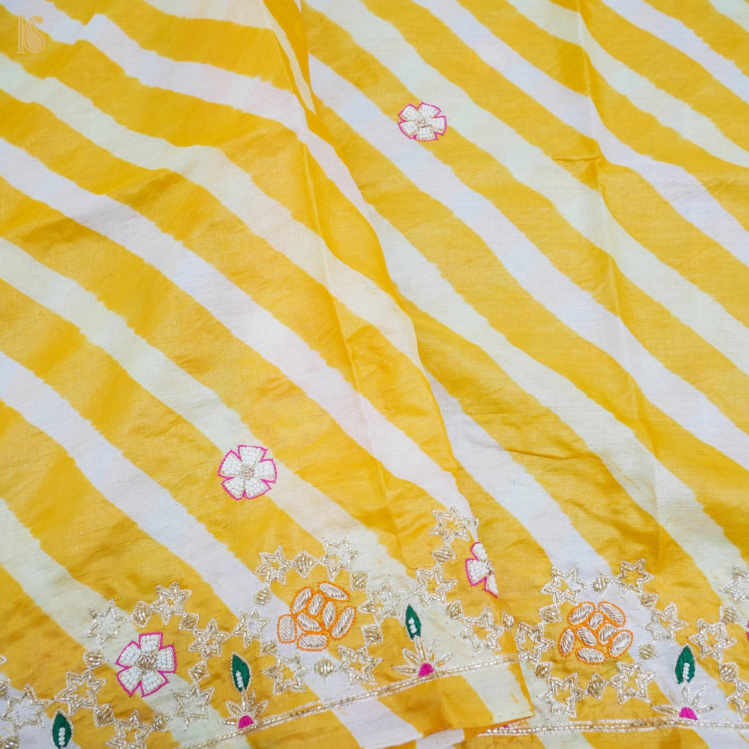 Yellow Leheriya Pure Tussar Silk Pearl & Zardozi Embroidery Dupatta - Khinkhwab