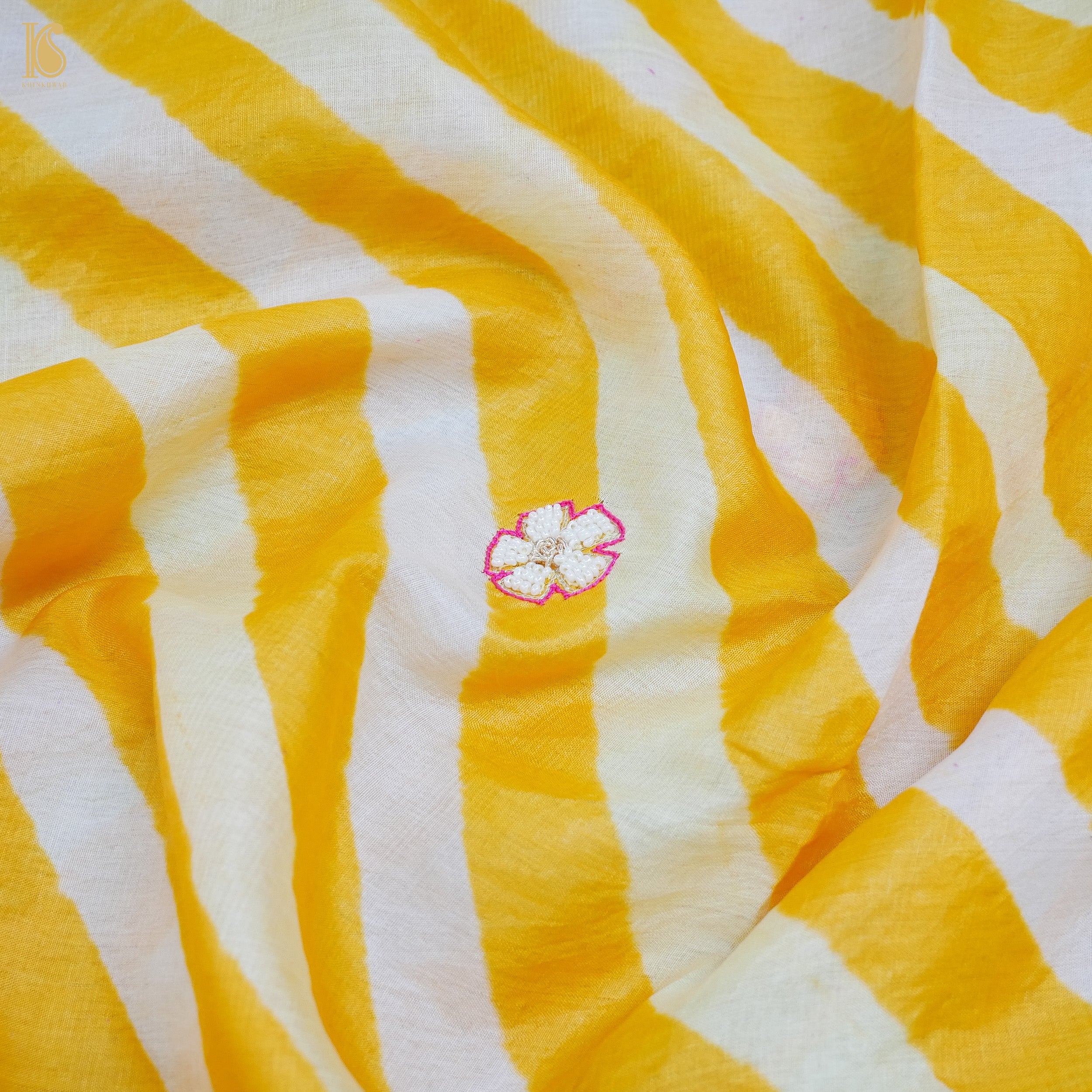 Yellow Leheriya Pure Tussar Silk Pearl & Zardozi Embroidery Dupatta - Khinkhwab