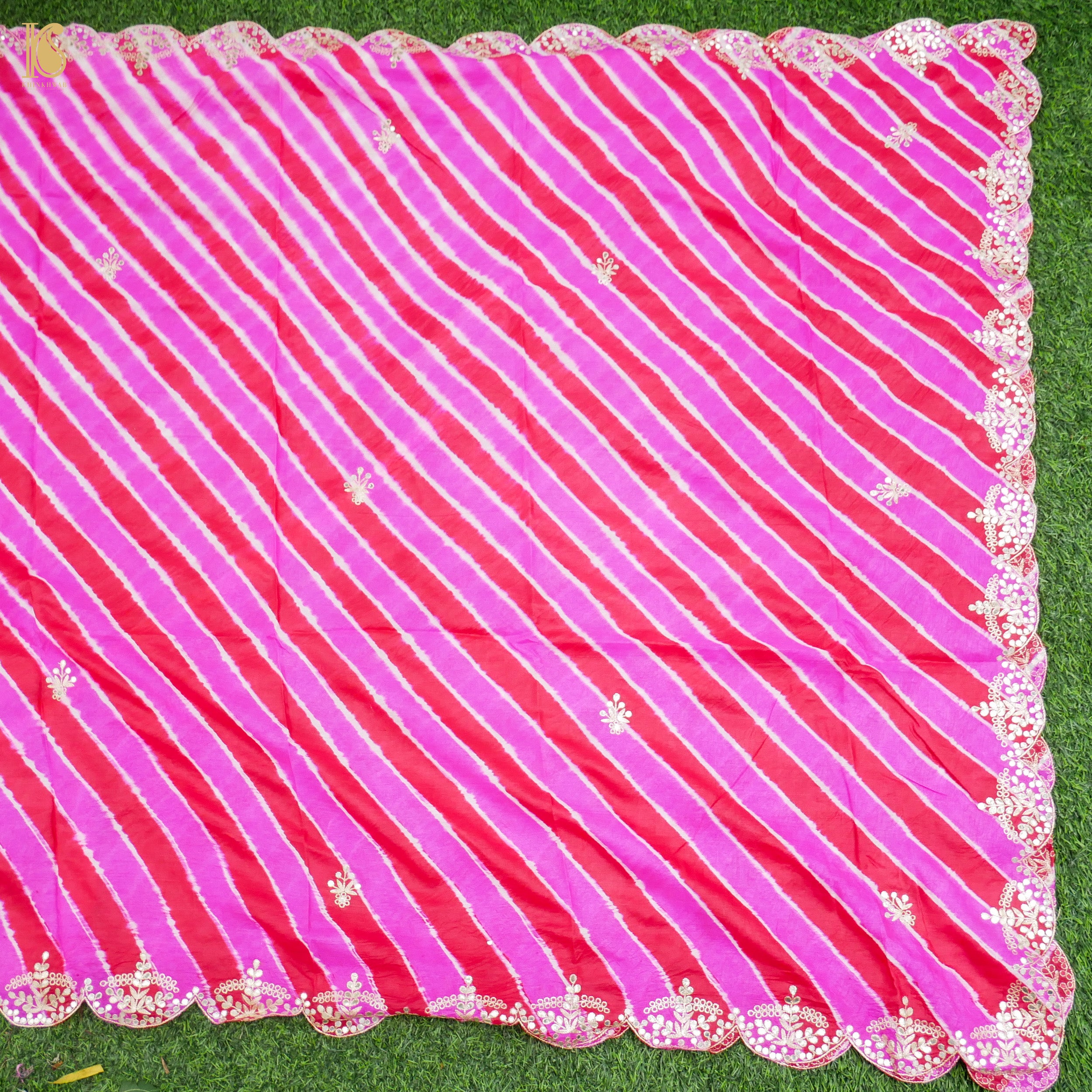 Pink Leheriya Pure Tussar Silk Scalloped Border Gotta Patti Dupatta - Khinkhwab