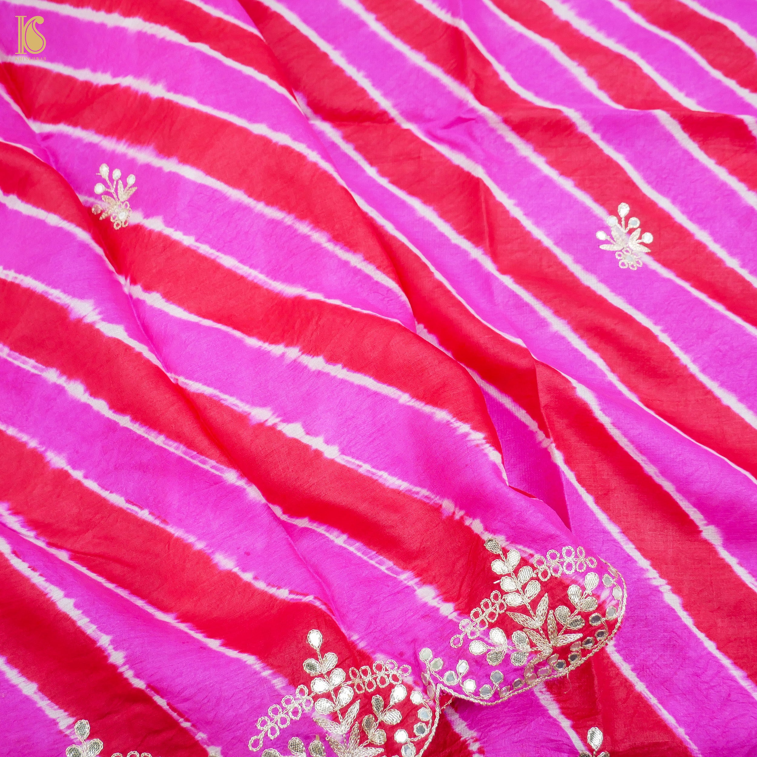 Pink Leheriya Pure Tussar Silk Scalloped Border Gotta Patti Dupatta - Khinkhwab