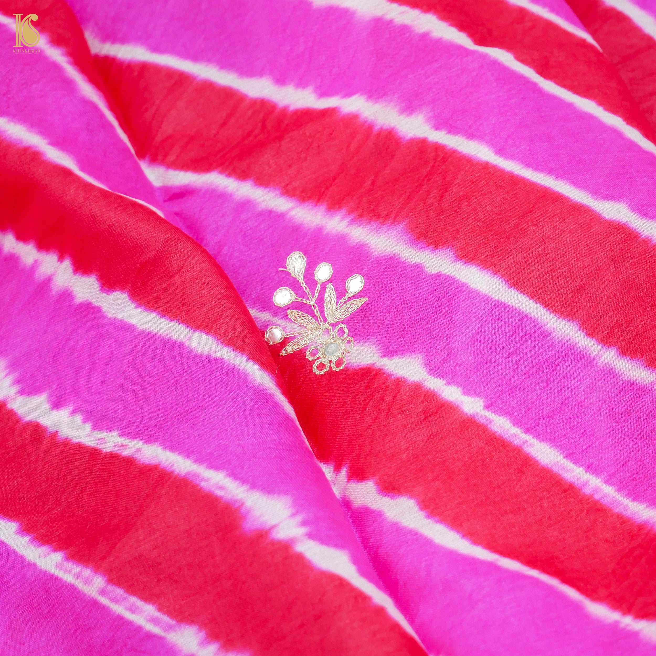 Pink Leheriya Pure Tussar Silk Scalloped Border Gotta Patti Dupatta - Khinkhwab