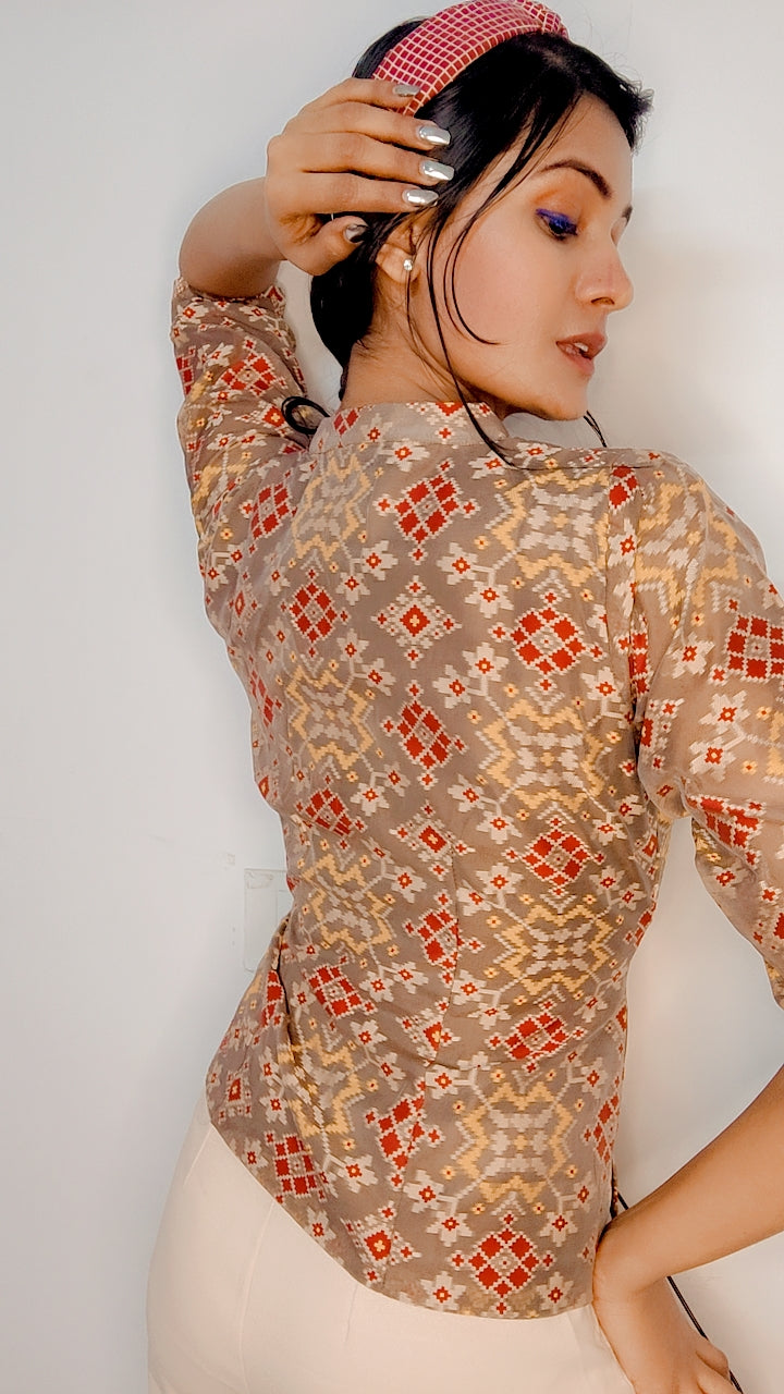 Brown Pure Moonga Silk Patola Print Stitched Jacket Blouse - Khinkhwab