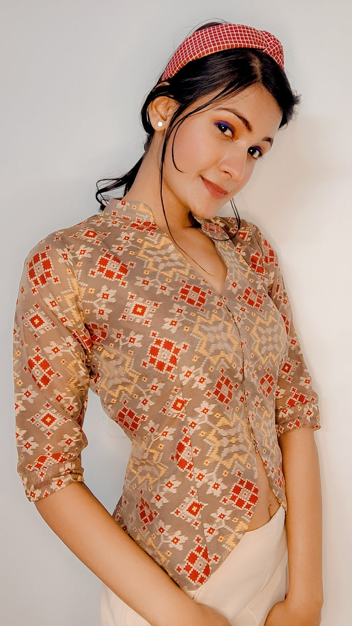 Brown Pure Moonga Silk Patola Print Stitched Jacket Blouse - Khinkhwab