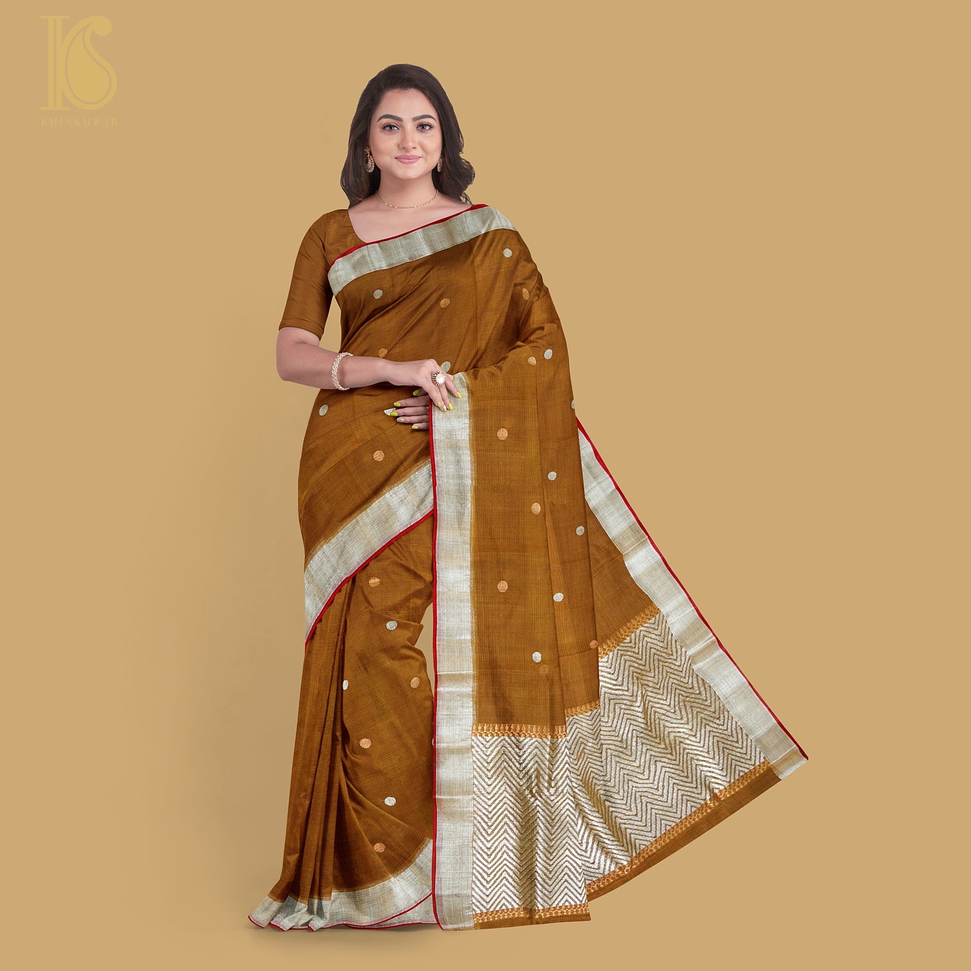 Handwoven Brown Real Zari Kota Silk Saree - Khinkhwab
