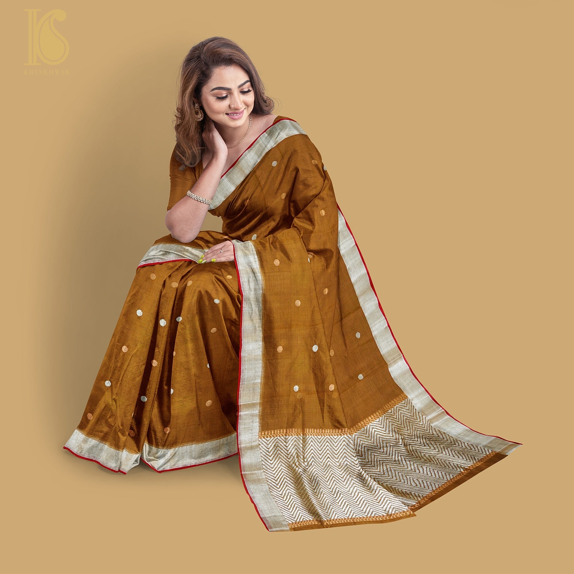 Handwoven Brown Real Zari Kota Silk Saree - Khinkhwab