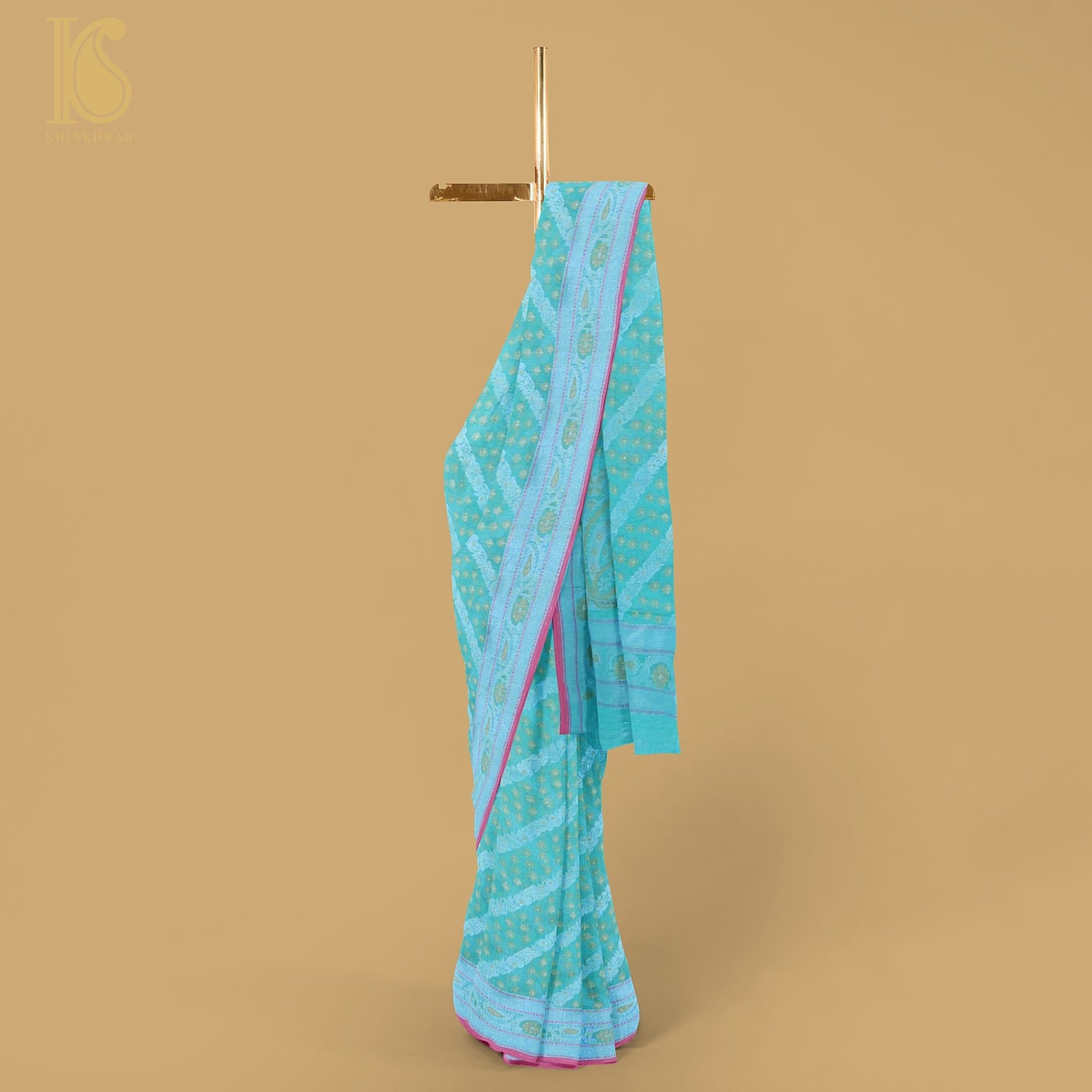 Fountain Blue Pure Cotton Handloom Banarasi Jamdani Ektara Saree - Khinkhwab