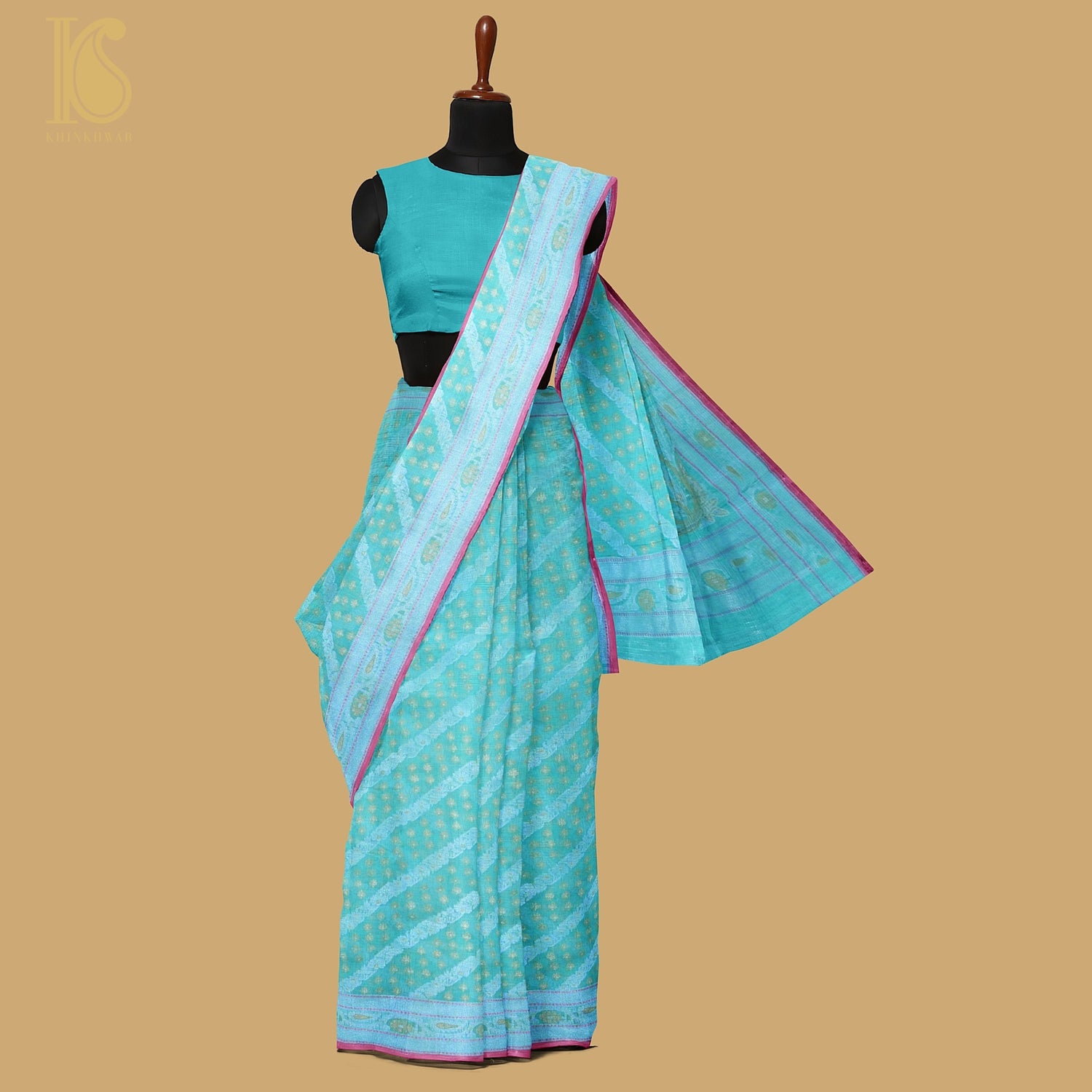 Fountain Blue Pure Cotton Handloom Banarasi Jamdani Ektara Saree - Khinkhwab
