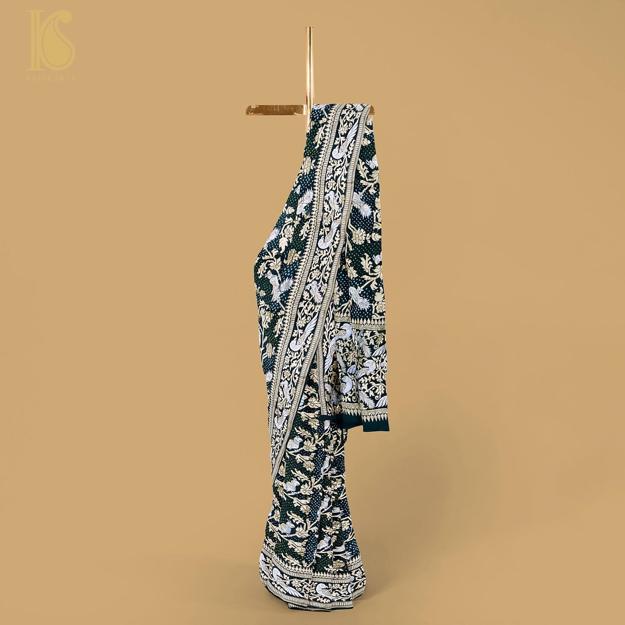 Preorder : Black Pure Georgette Handloom Banarasi Bandhani Birds of Paradise Saree - Khinkhwab