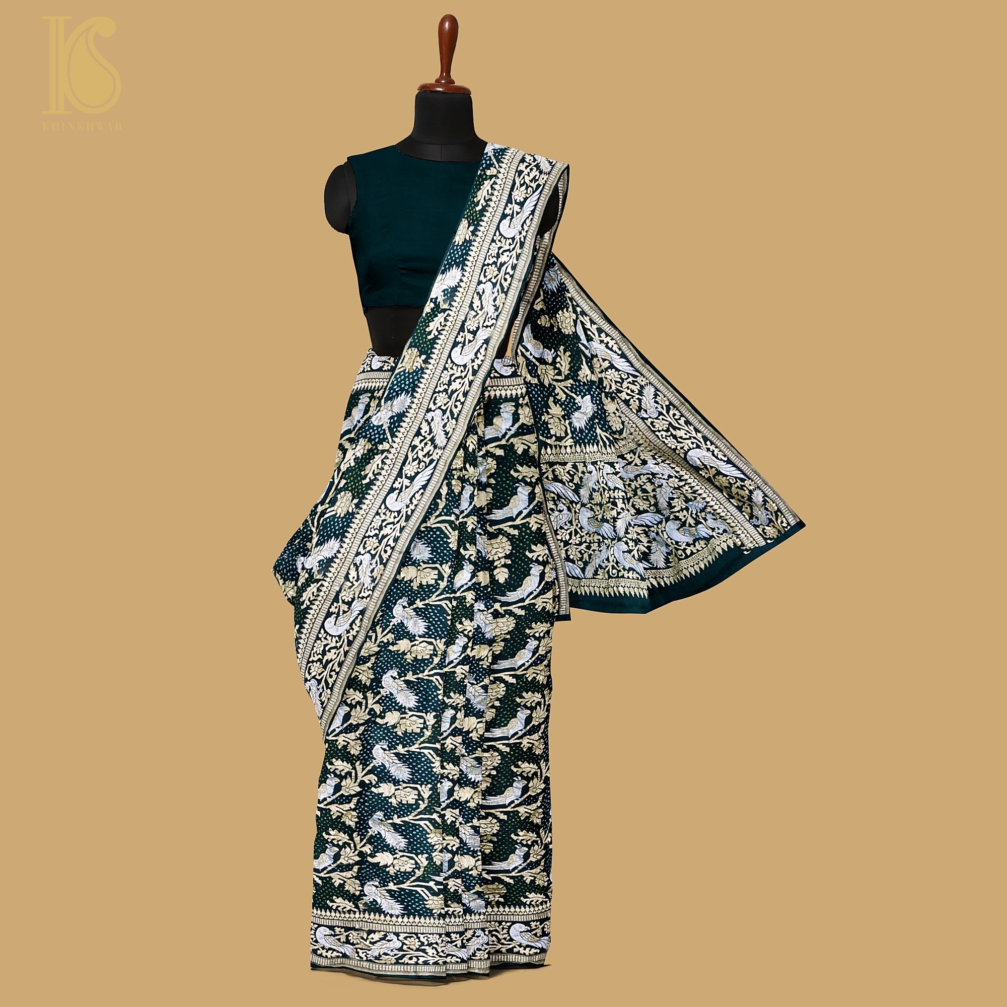 Preorder : Black Pure Georgette Handloom Banarasi Bandhani Birds of Paradise Saree - Khinkhwab