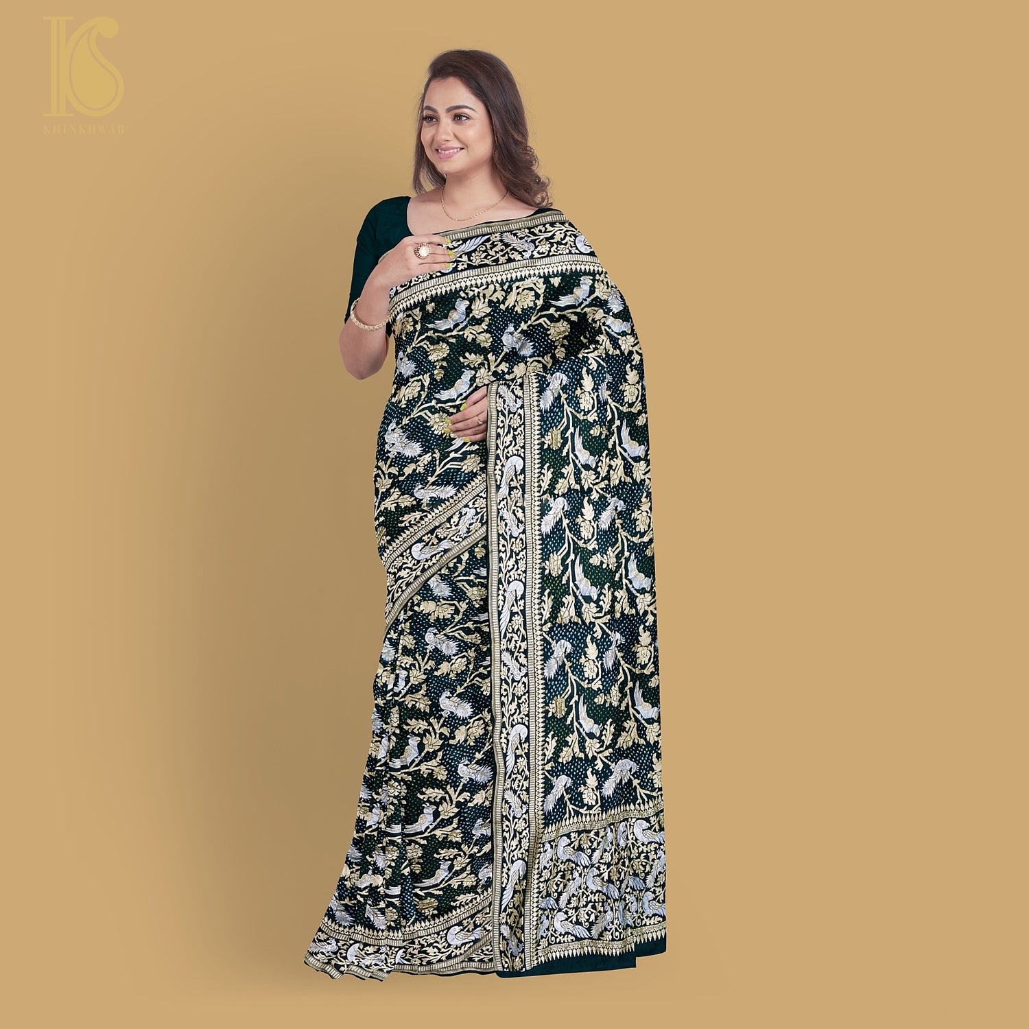 Preorder : Black Pure Georgette Handloom Banarasi Bandhani Birds of Paradise Saree - Khinkhwab