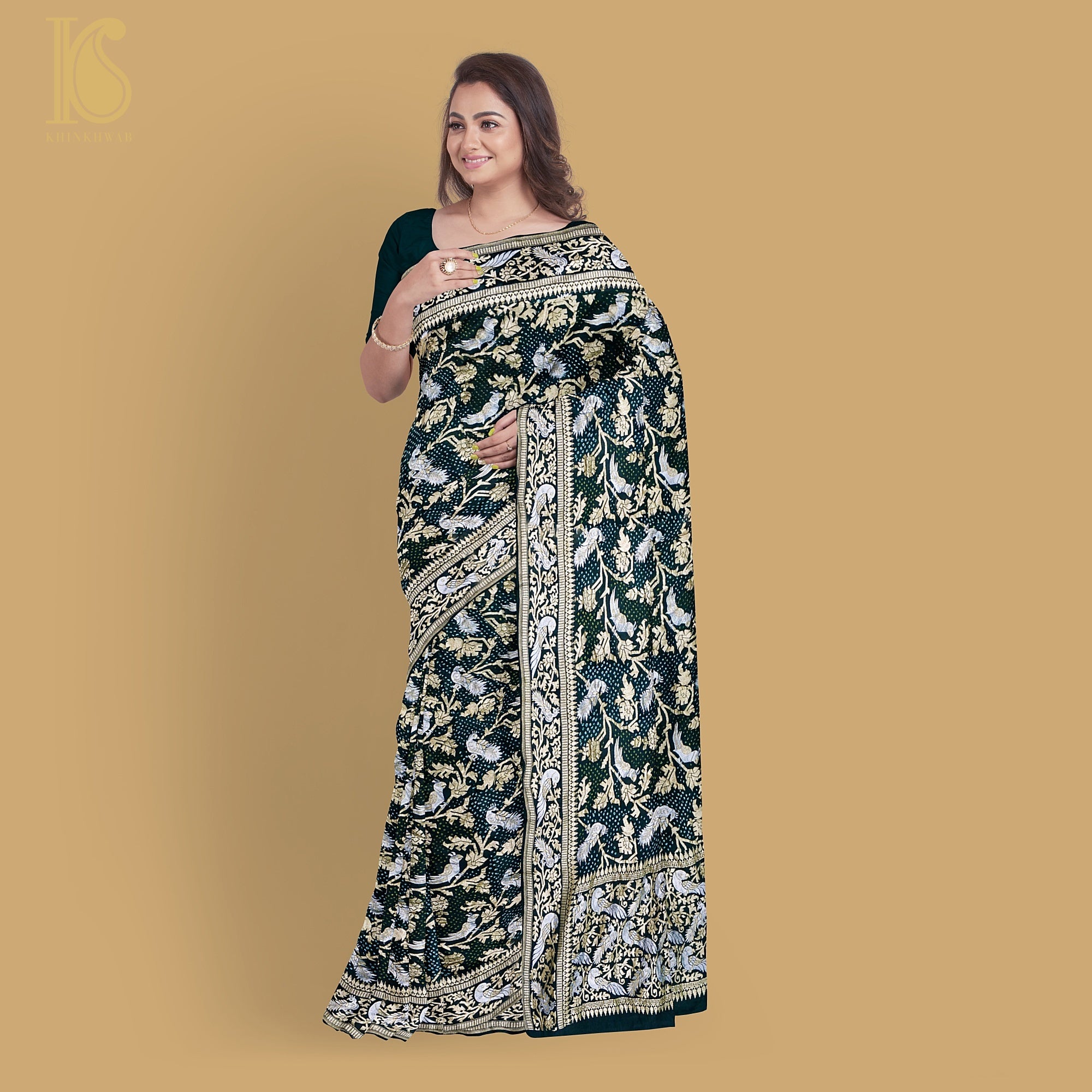 Preorder : Black Pure Georgette Handloom Banarasi Bandhani Birds of Paradise Saree - Khinkhwab