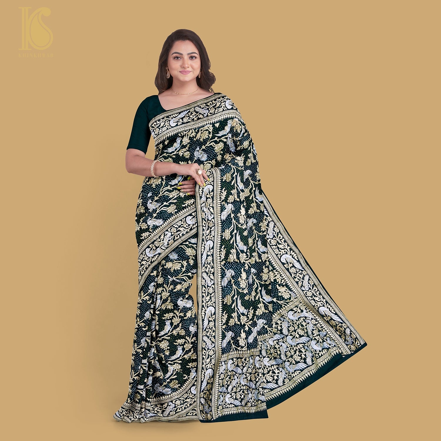 Preorder : Black Pure Georgette Handloom Banarasi Bandhani Birds of Paradise Saree - Khinkhwab