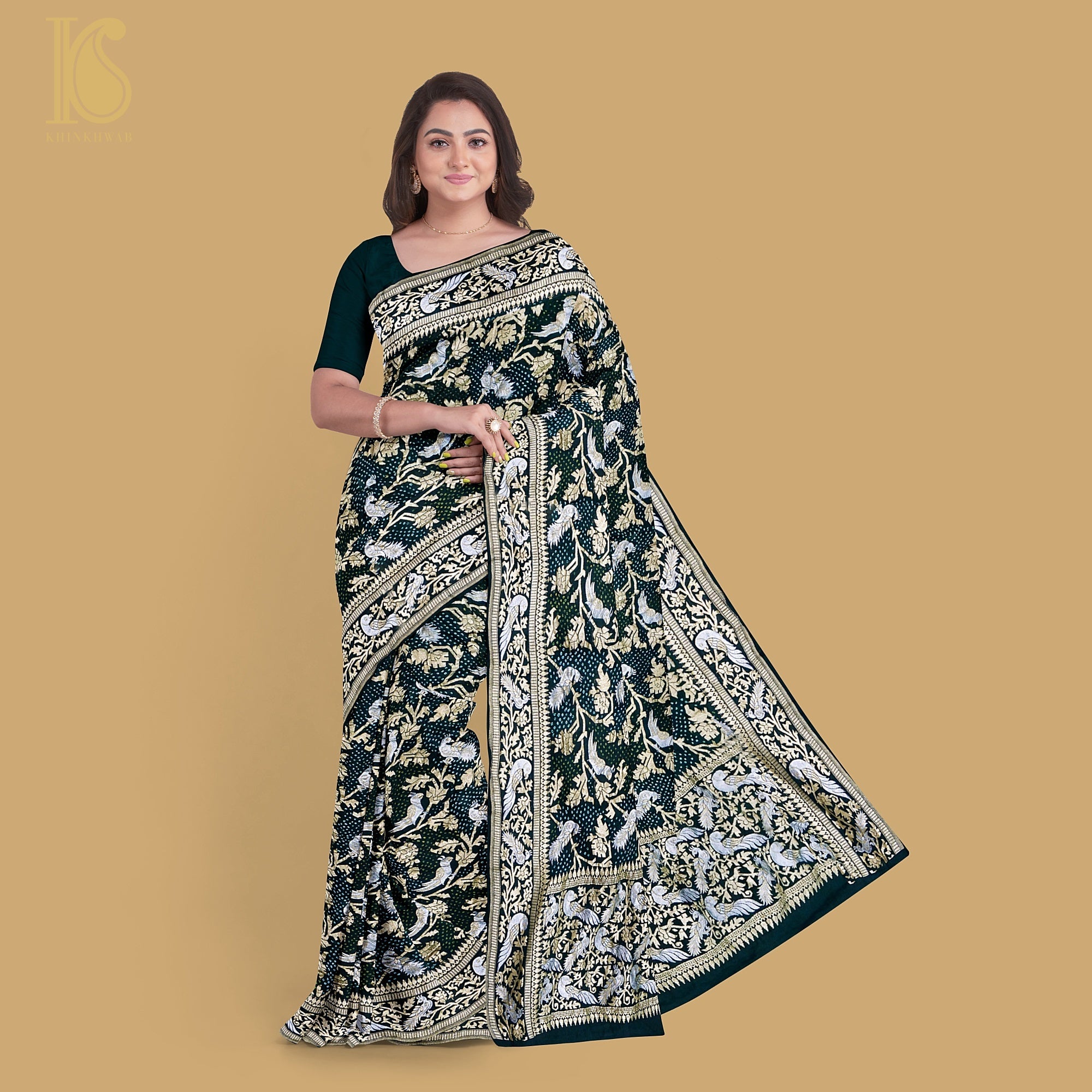 Preorder : Black Pure Georgette Handloom Banarasi Bandhani Birds of Paradise Saree - Khinkhwab