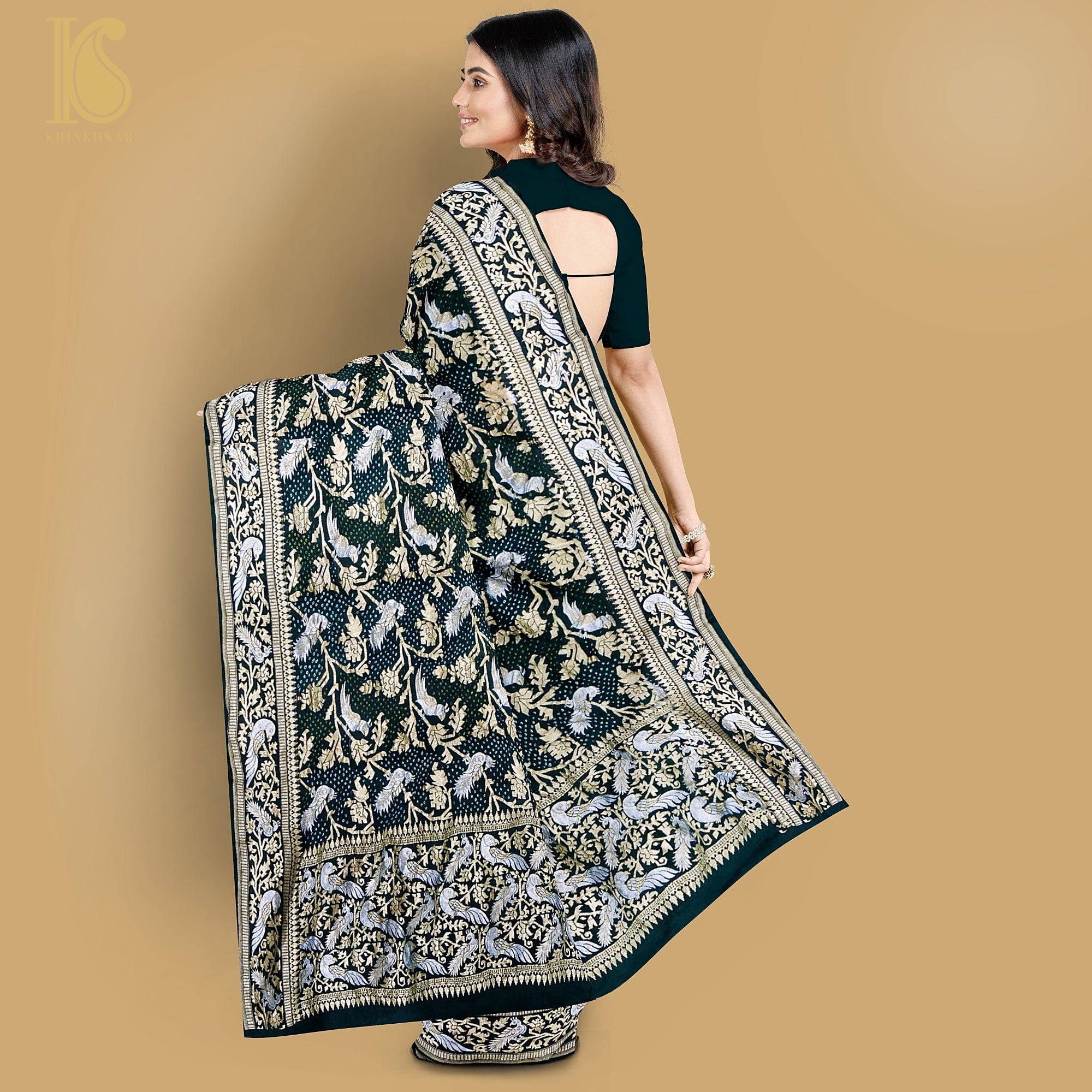Preorder : Black Pure Georgette Handloom Banarasi Bandhani Birds of Paradise Saree - Khinkhwab