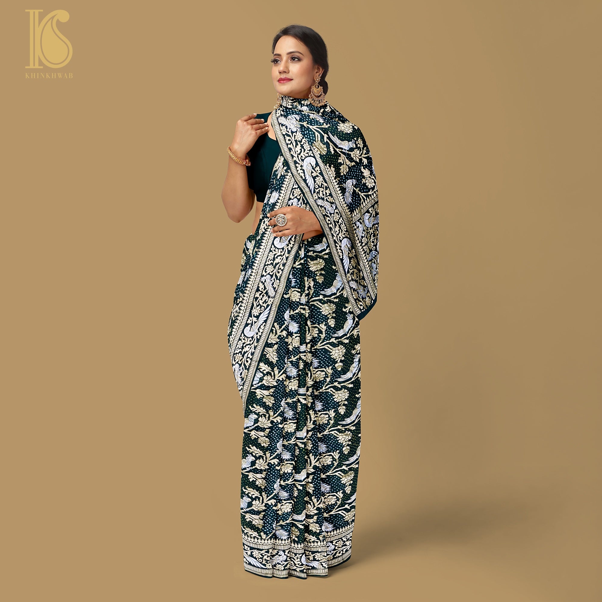 Preorder : Black Pure Georgette Handloom Banarasi Bandhani Birds of Paradise Saree - Khinkhwab