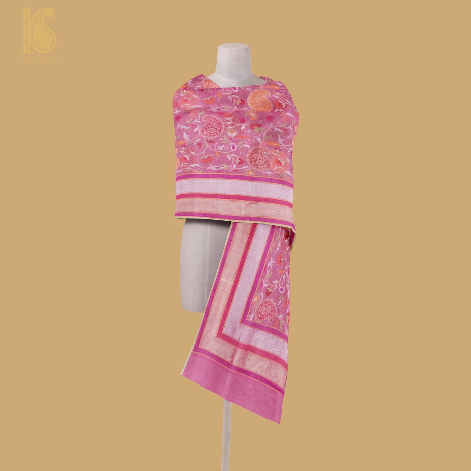 Hopbush Pink Pure Cotton Real Silver Zari Handloom Banarasi Dupatta - Khinkhwab