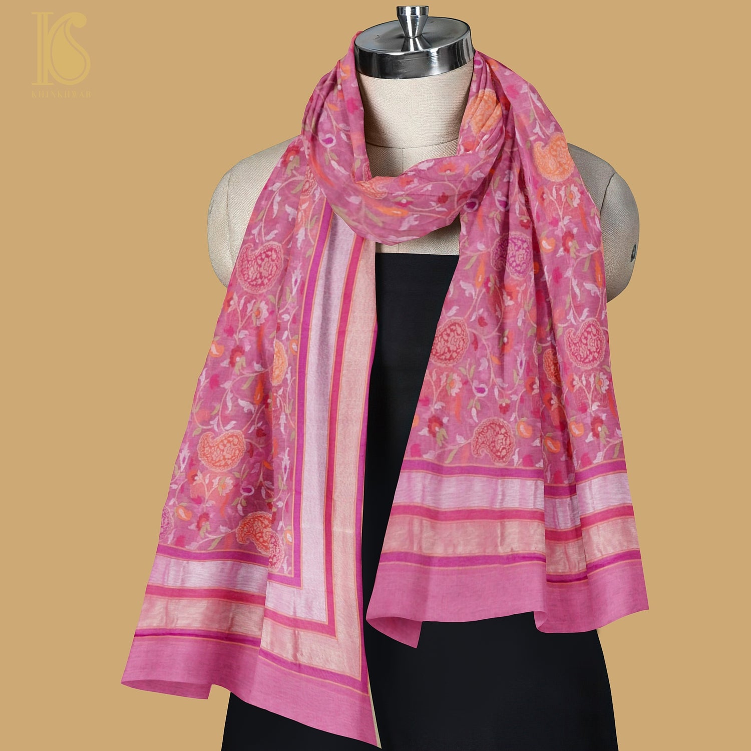 Hopbush Pink Pure Cotton Real Silver Zari Handloom Banarasi Dupatta - Khinkhwab