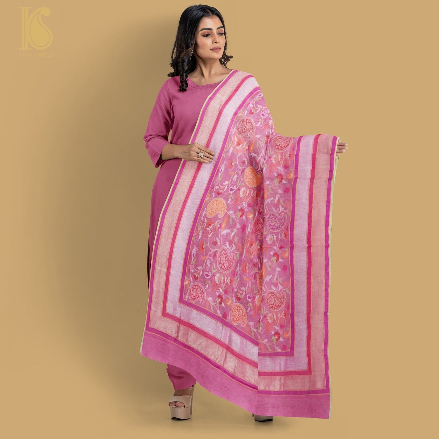 Hopbush Pink Pure Cotton Real Silver Zari Handloom Banarasi Dupatta - Khinkhwab