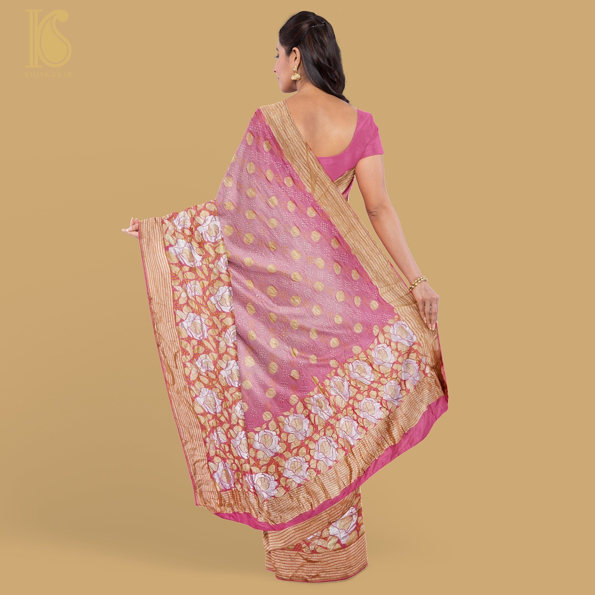 Hopbush Pink Pure Georgette Handloom Banarasi Bandhani Rose Saree - Khinkhwab
