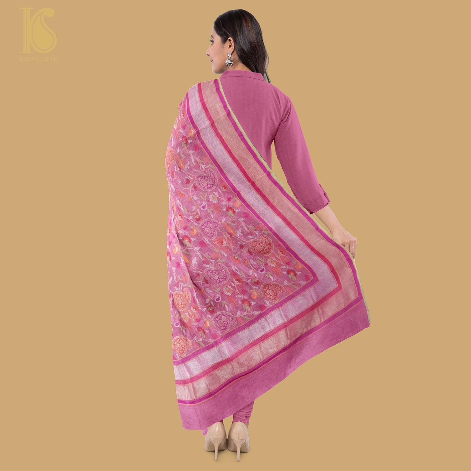 Hopbush Pink Pure Cotton Real Silver Zari Handloom Banarasi Dupatta - Khinkhwab