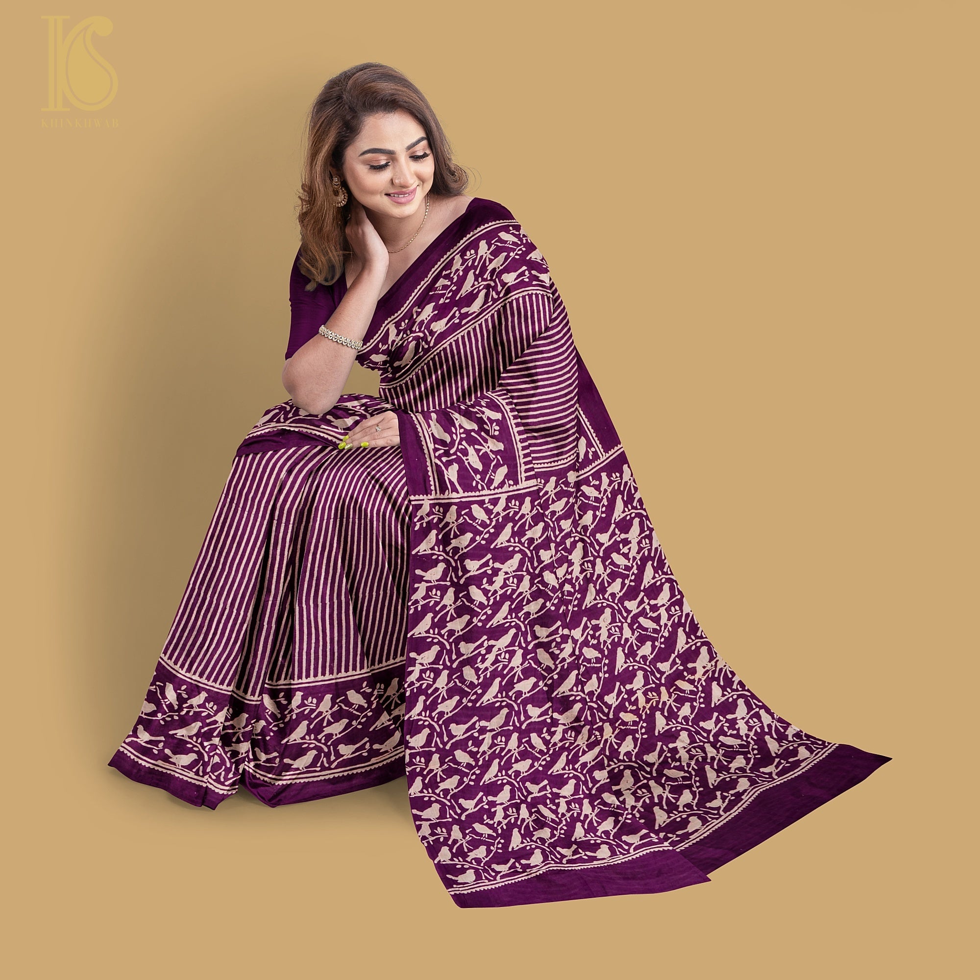 Blackberry Purple Pure Mul Cotton Ajrakh Saree - Khinkhwab