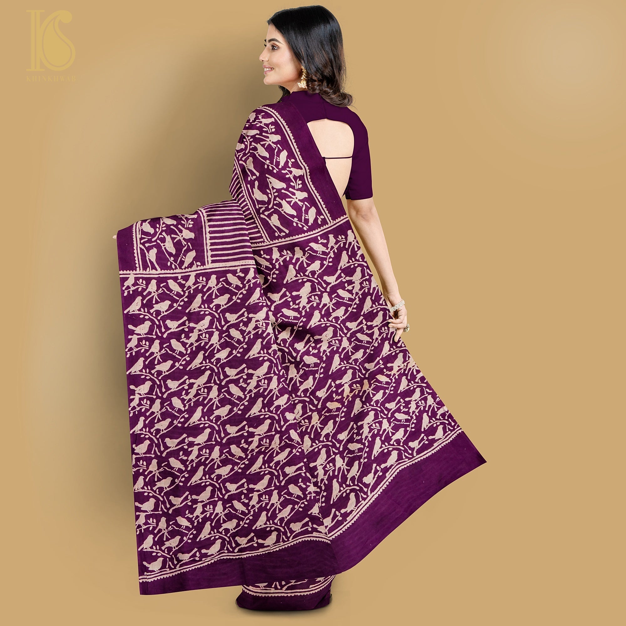 Blackberry Purple Pure Mul Cotton Ajrakh Saree - Khinkhwab