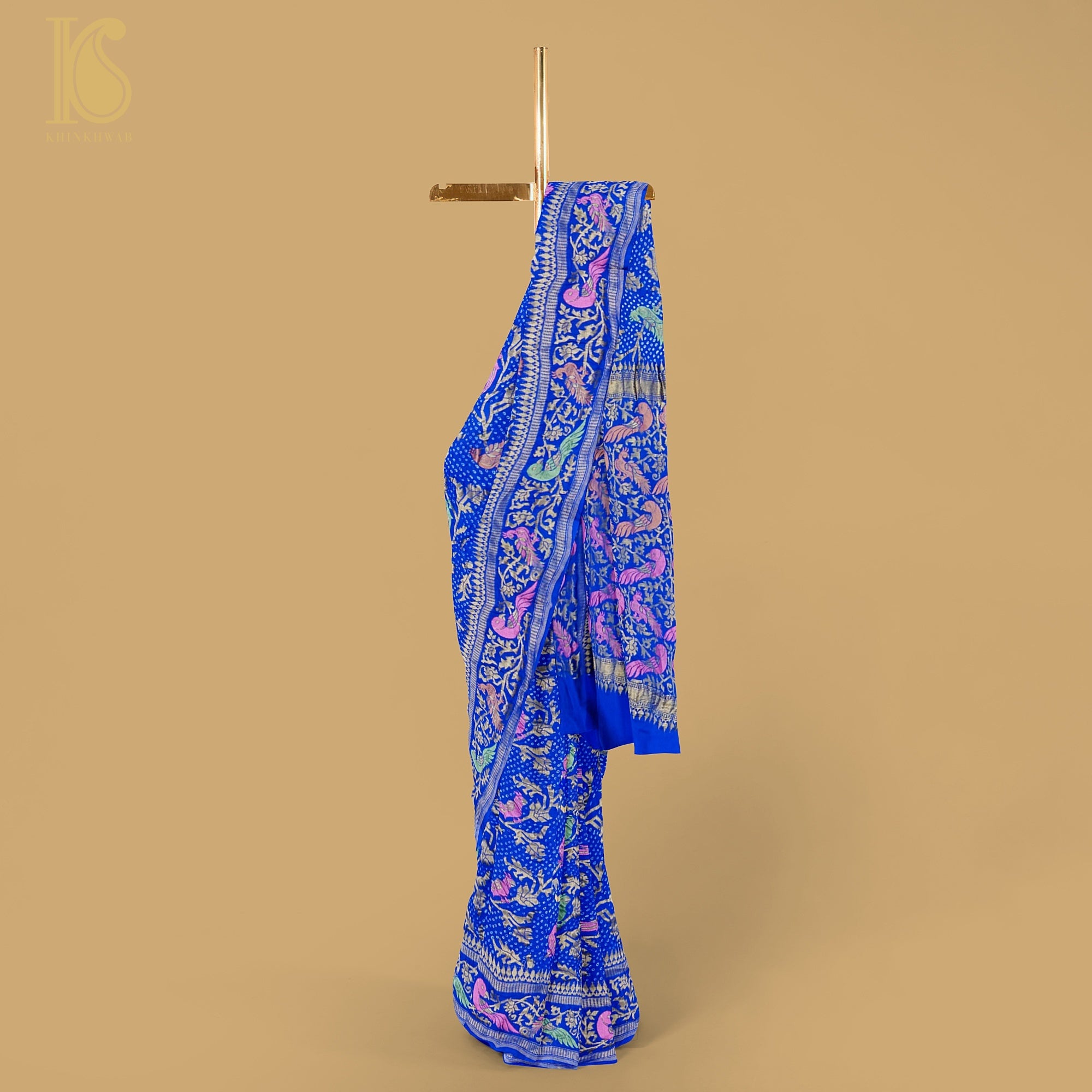 Persian Blue Handloom Banarasi Pure Georgette Birds Bandhani Saree - Khinkhwab