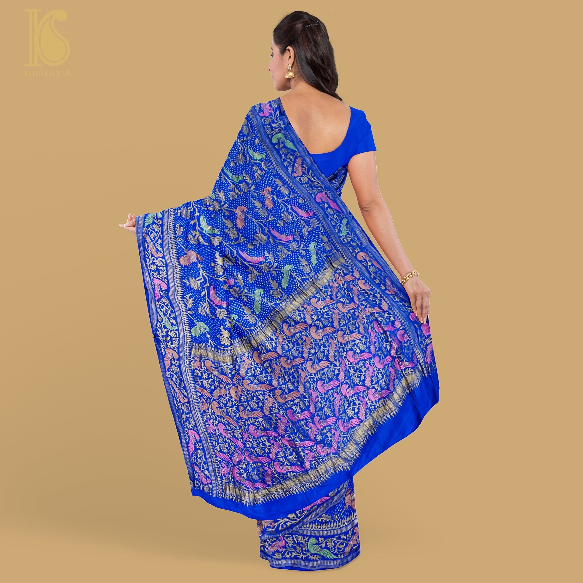 Persian Blue Handloom Banarasi Pure Georgette Birds Bandhani Saree - Khinkhwab