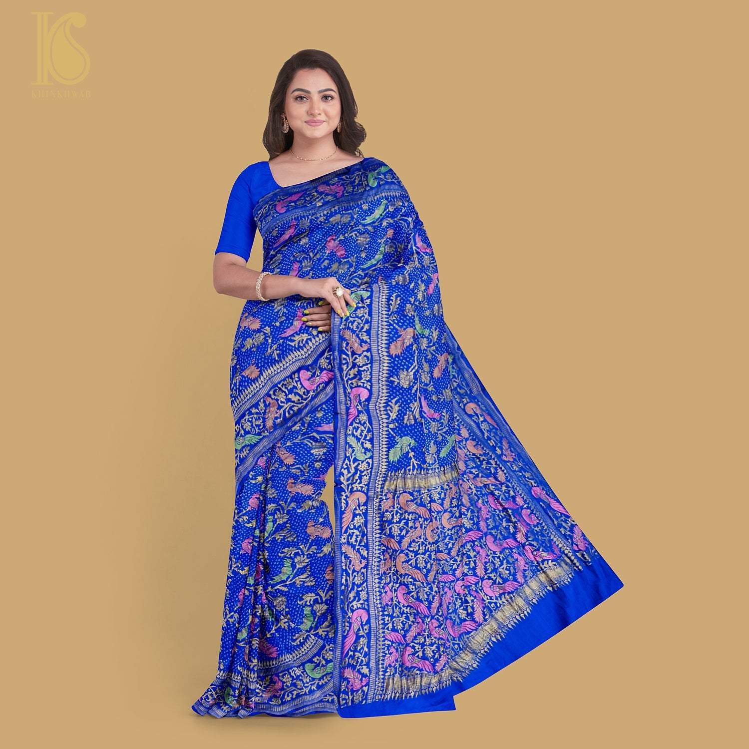 Persian Blue Handloom Banarasi Pure Georgette Birds Bandhani Saree - Khinkhwab