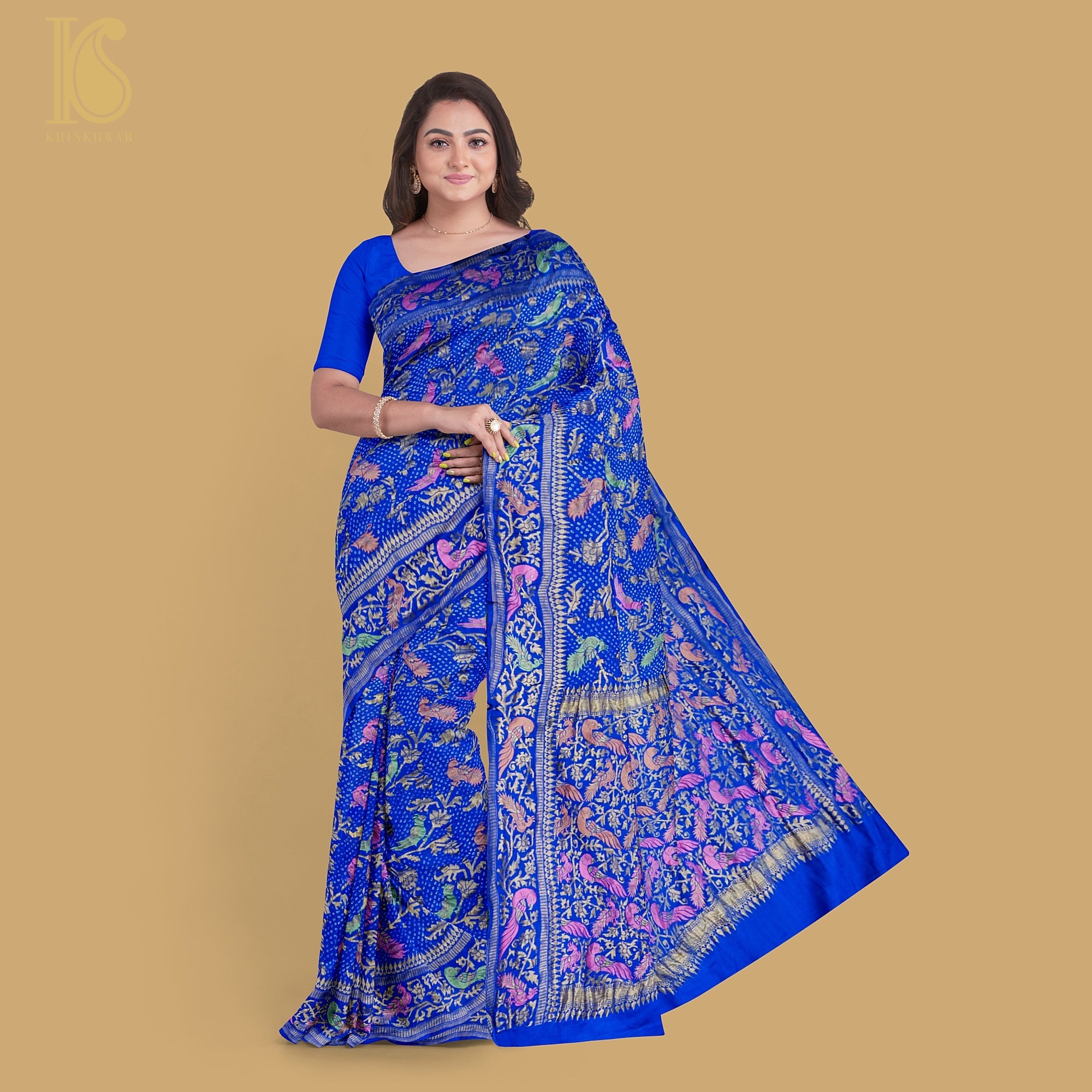 Persian Blue Handloom Banarasi Pure Georgette Birds Bandhani Saree - Khinkhwab