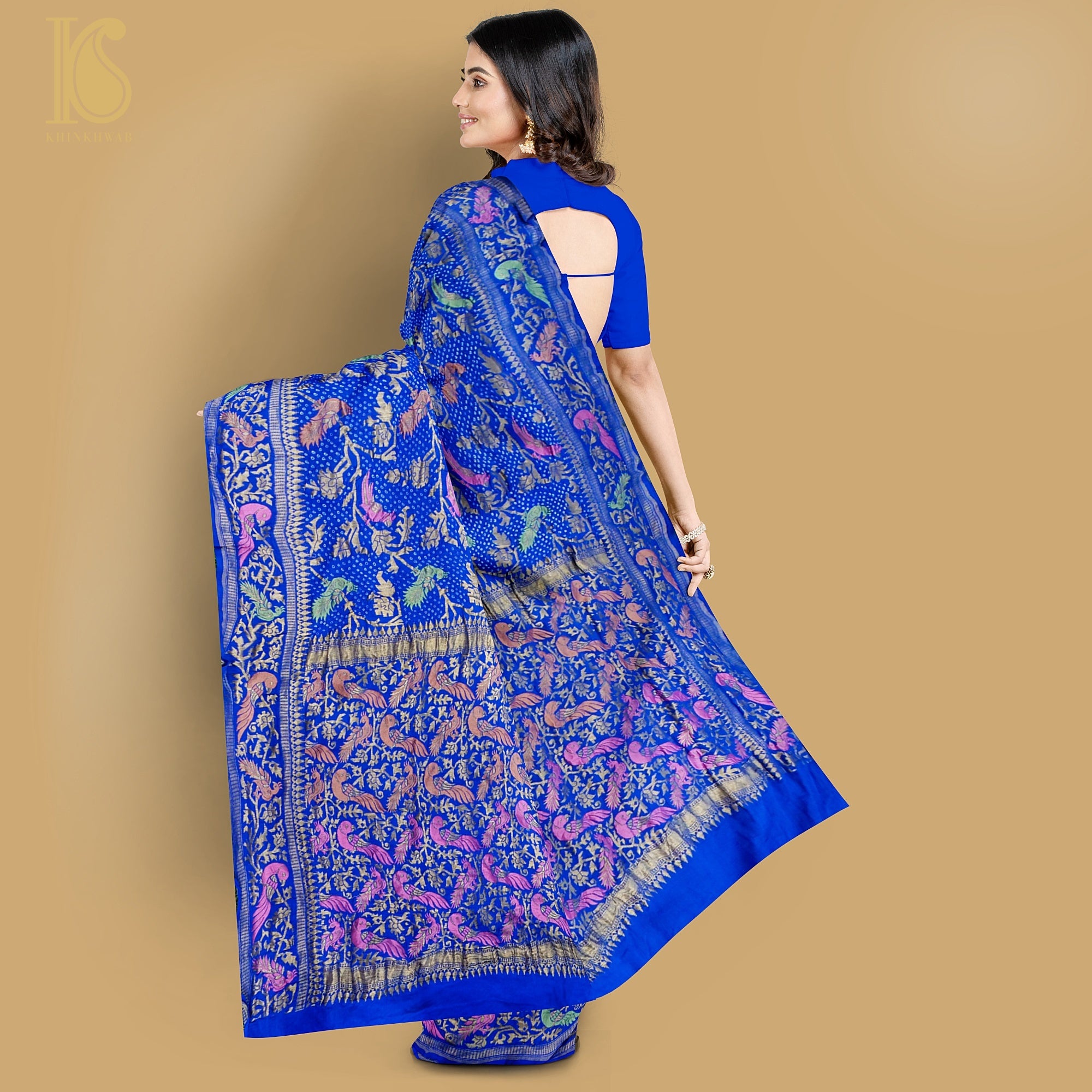Persian Blue Handloom Banarasi Pure Georgette Birds Bandhani Saree - Khinkhwab