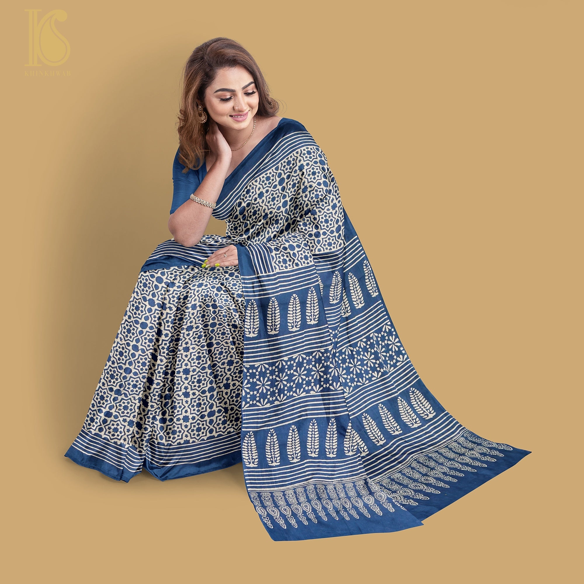 Gulf Blue Pure Mul Cotton Ajrakh Saree - Khinkhwab