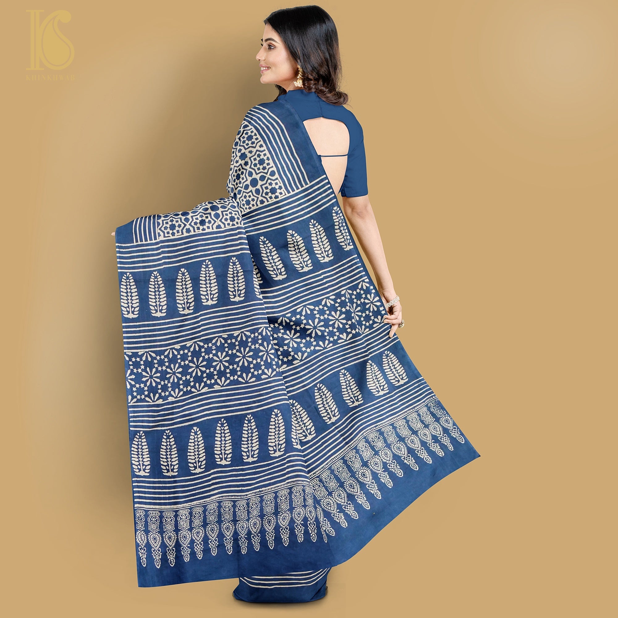 Gulf Blue Pure Mul Cotton Ajrakh Saree - Khinkhwab