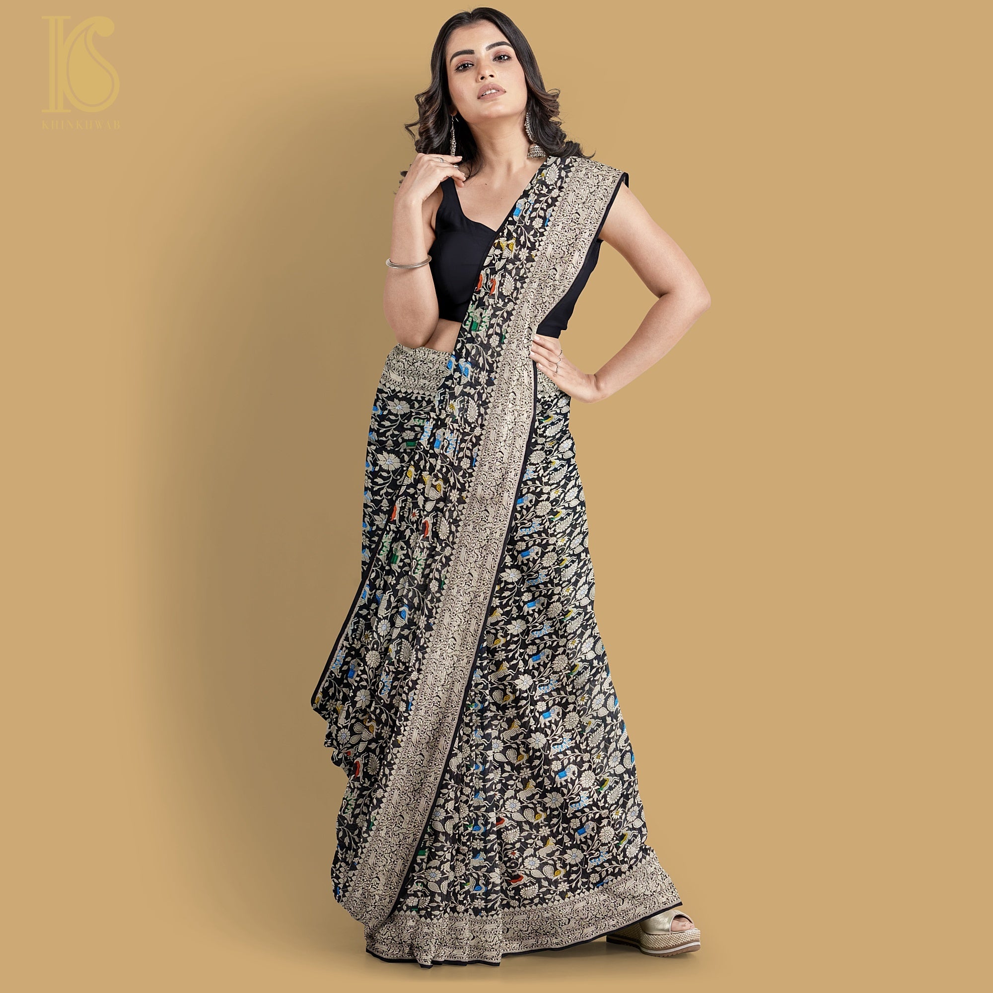 Preorder: Black Pure Katan Silk Handwoven Banarasi Shikargah Saree - Khinkhwab