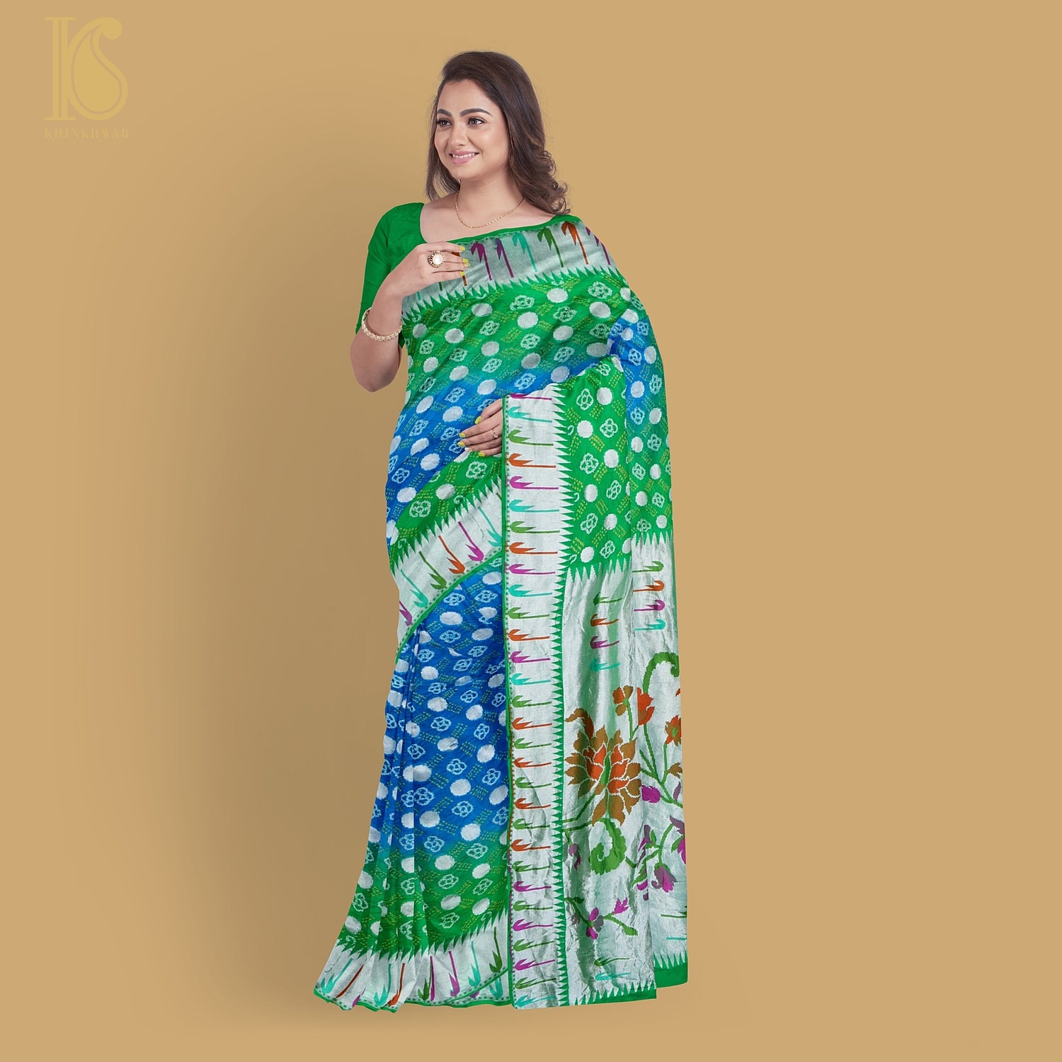 Blue & Green Pure Georgette Muniya Border Banarasi Bareek Bandhani Saree - Khinkhwab