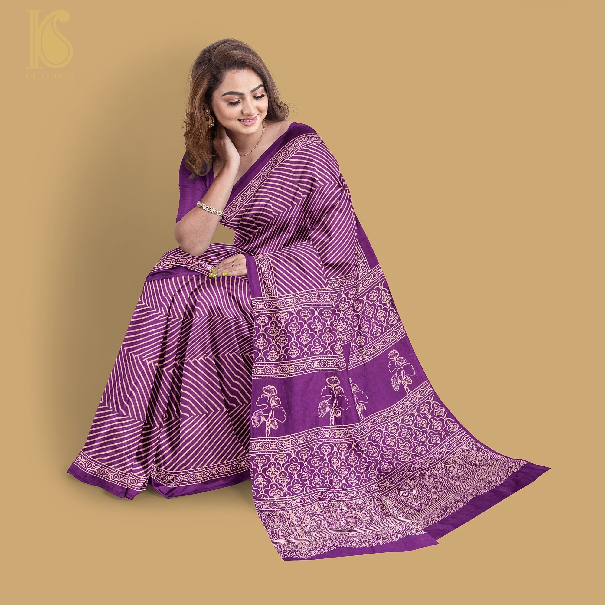 Palatinate Purple Pure Mul Cotton Ajrakh Saree - Khinkhwab