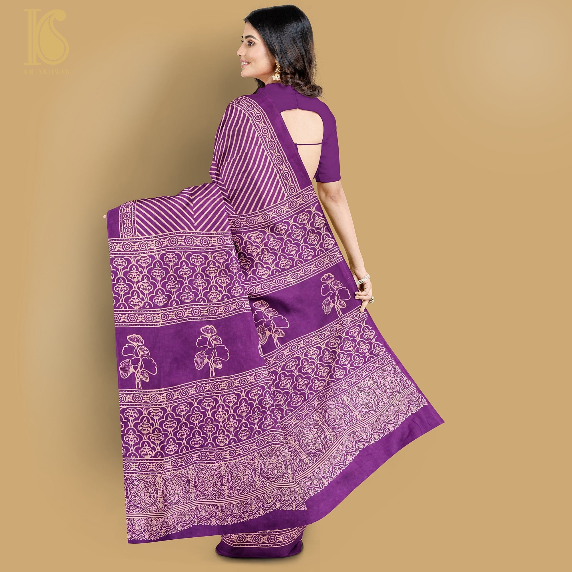 Palatinate Purple Pure Mul Cotton Ajrakh Saree - Khinkhwab