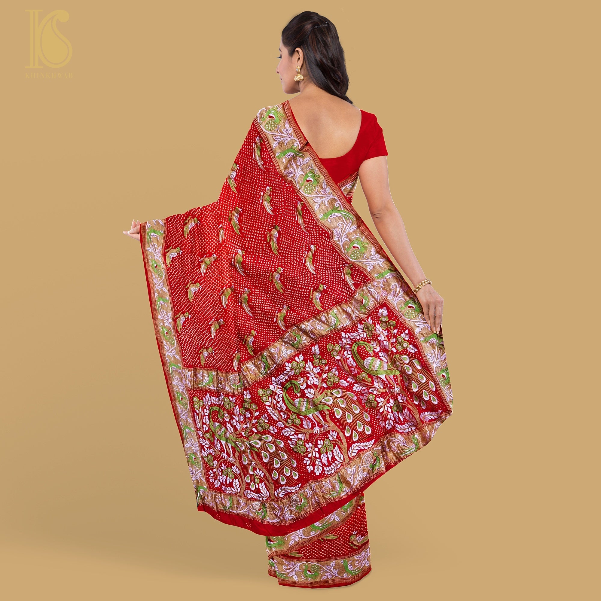 Birds of Paradise - Red Pure Georgette Handloom Banarasi Bareek Bandhani Saree - Khinkhwab