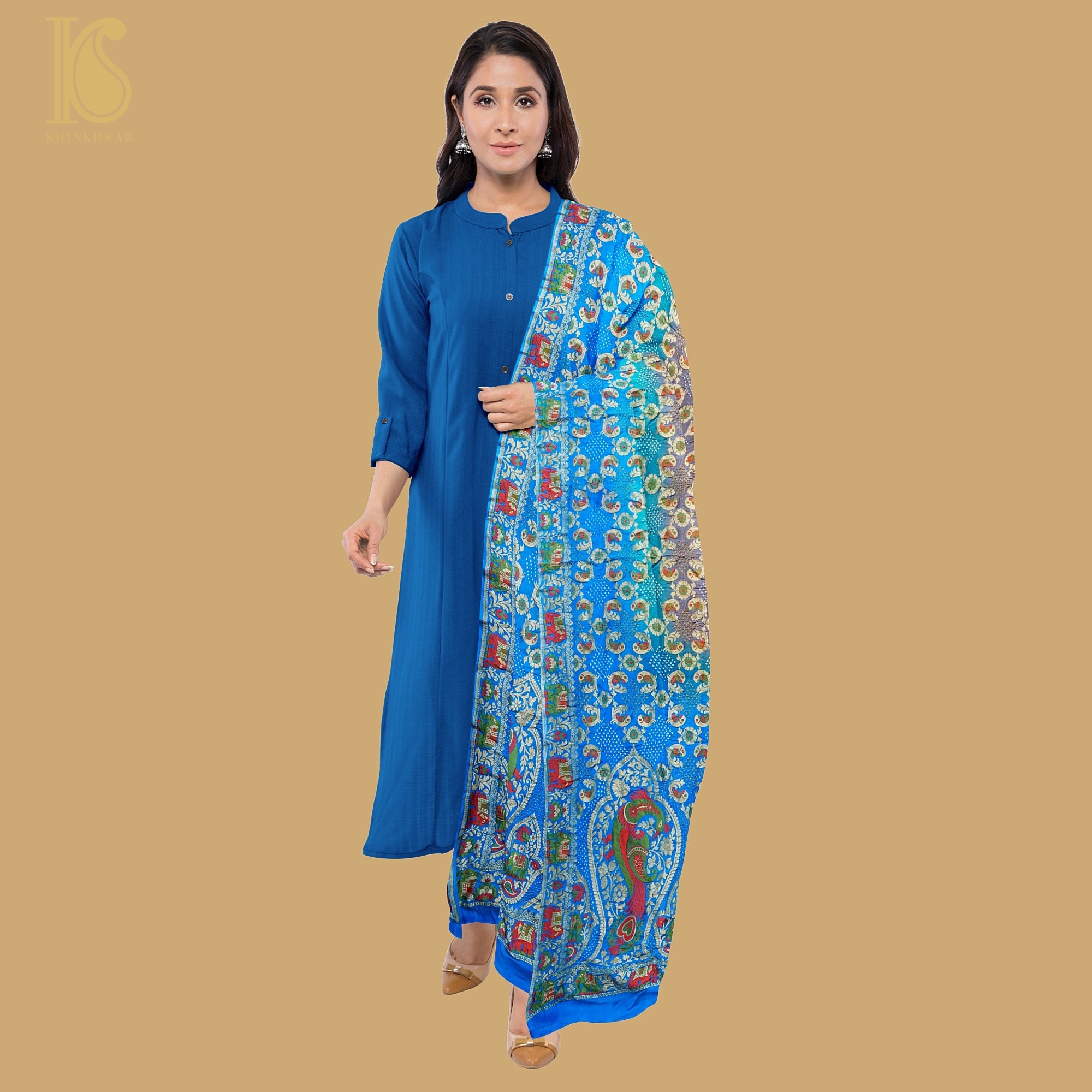 Dodger Blue & Grey Georgette Handloom Bandhani Banarasi Parrot Dupatta - Khinkhwab