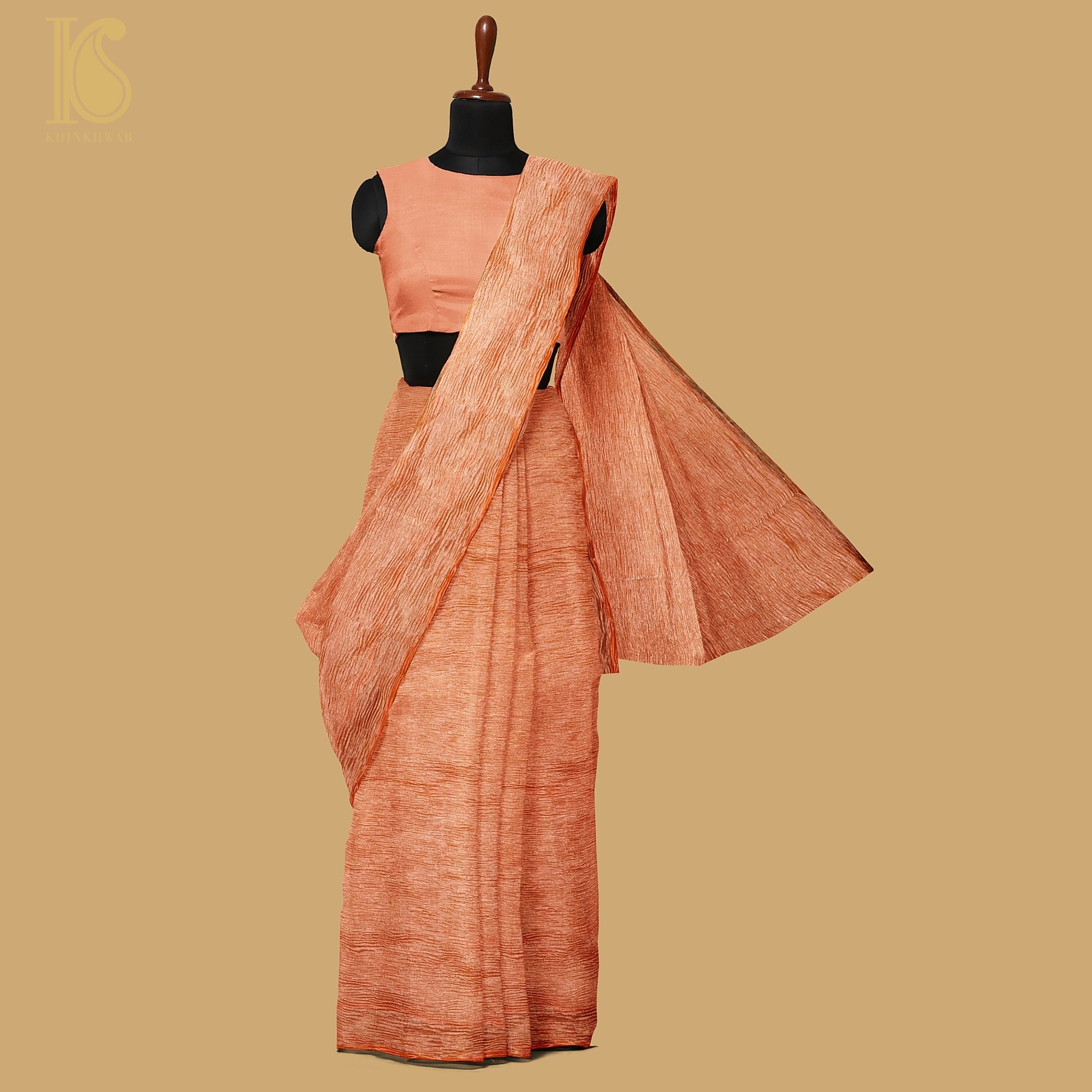 Red Damask Orange Wrinkle Pure Tissue Silk Saree - Khinkhwab
