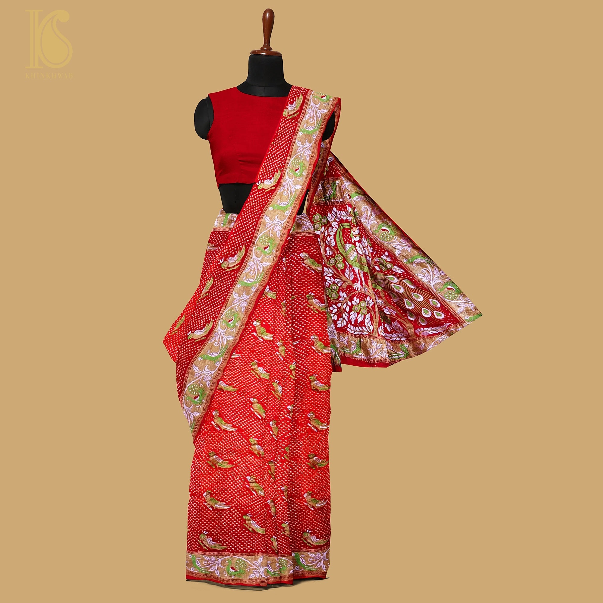 Birds of Paradise - Red Pure Georgette Handloom Banarasi Bareek Bandhani Saree - Khinkhwab