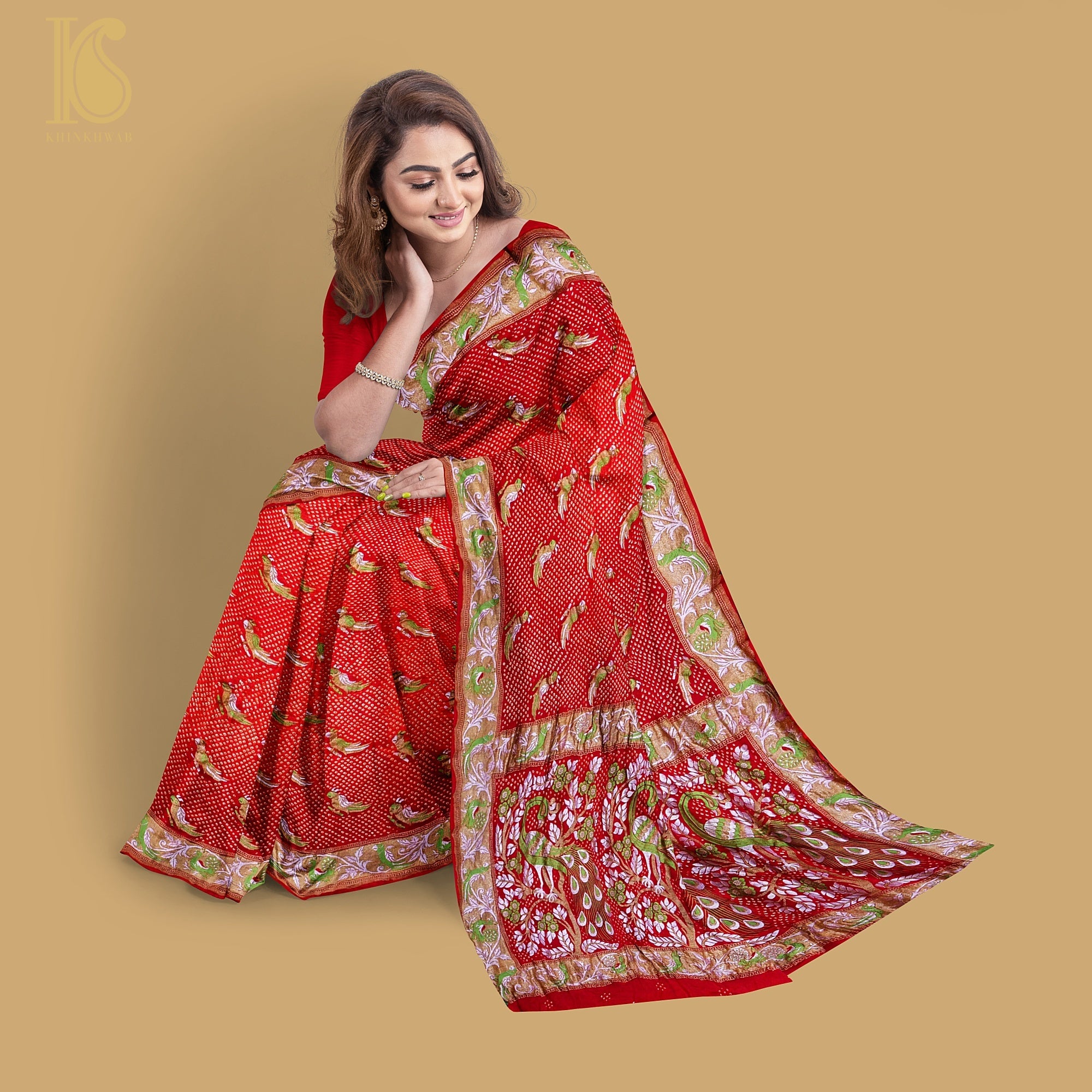 Birds of Paradise - Red Pure Georgette Handloom Banarasi Bareek Bandhani Saree - Khinkhwab
