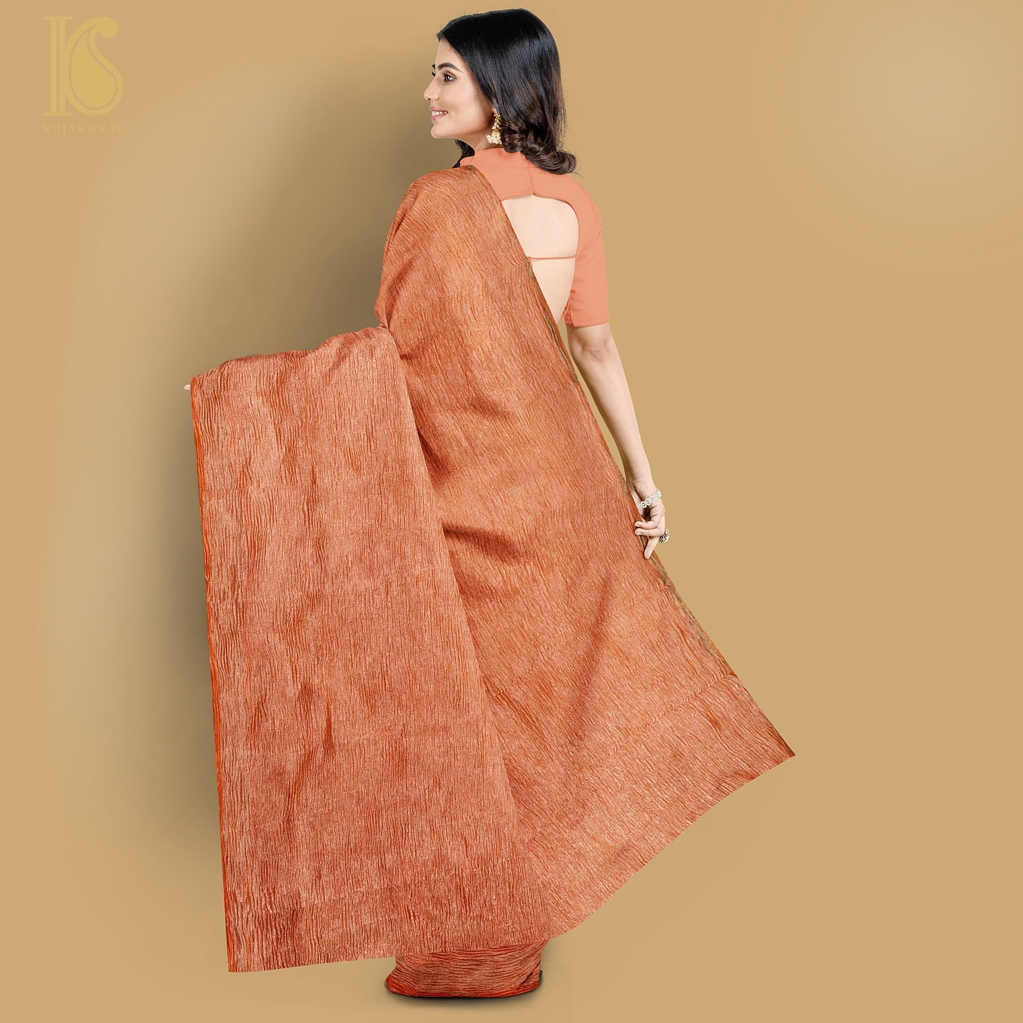 Red Damask Orange Wrinkle Pure Tissue Silk Saree - Khinkhwab
