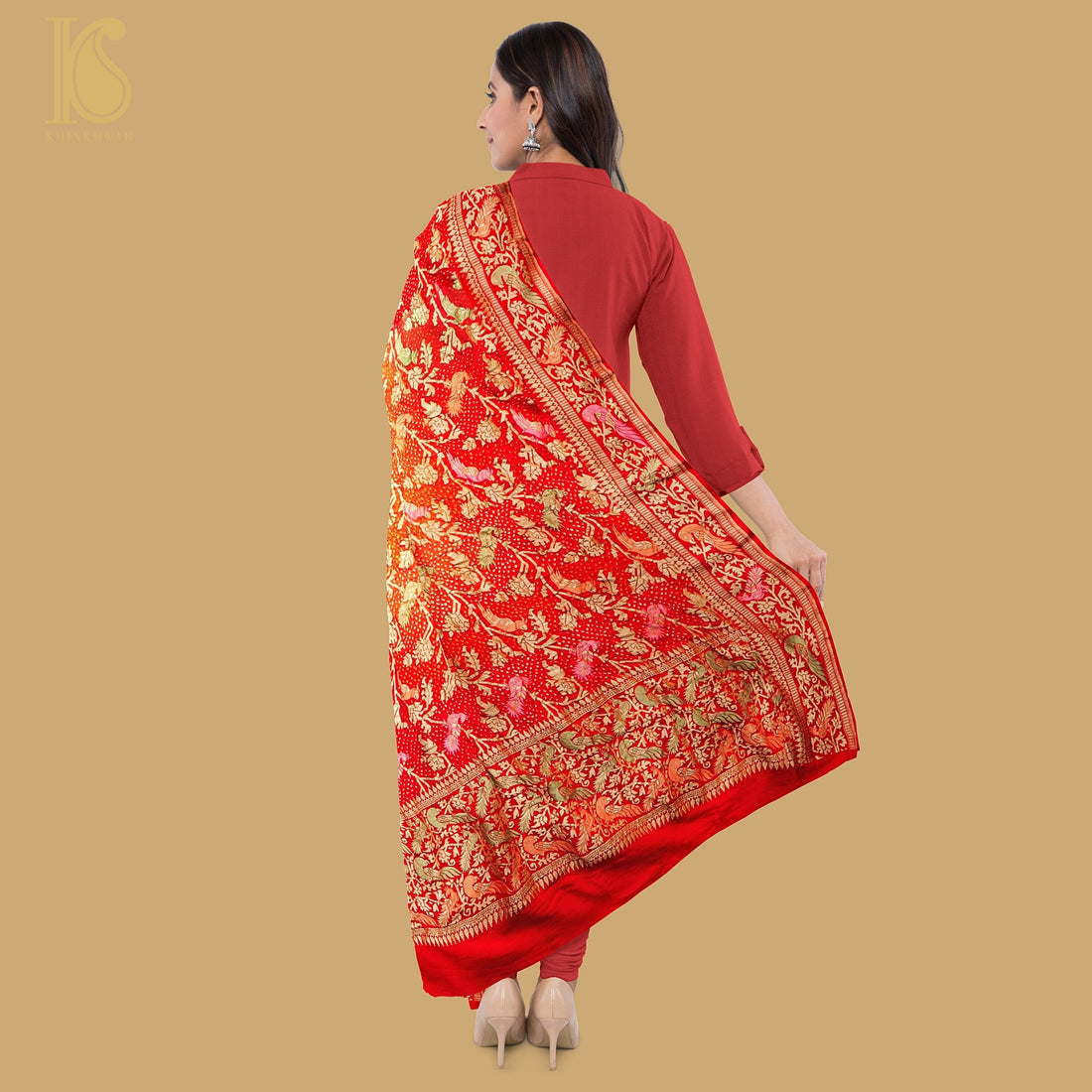 Red Georgette Handloom Bandhani Banarasi Birds of Paradise Dupatta - Khinkhwab